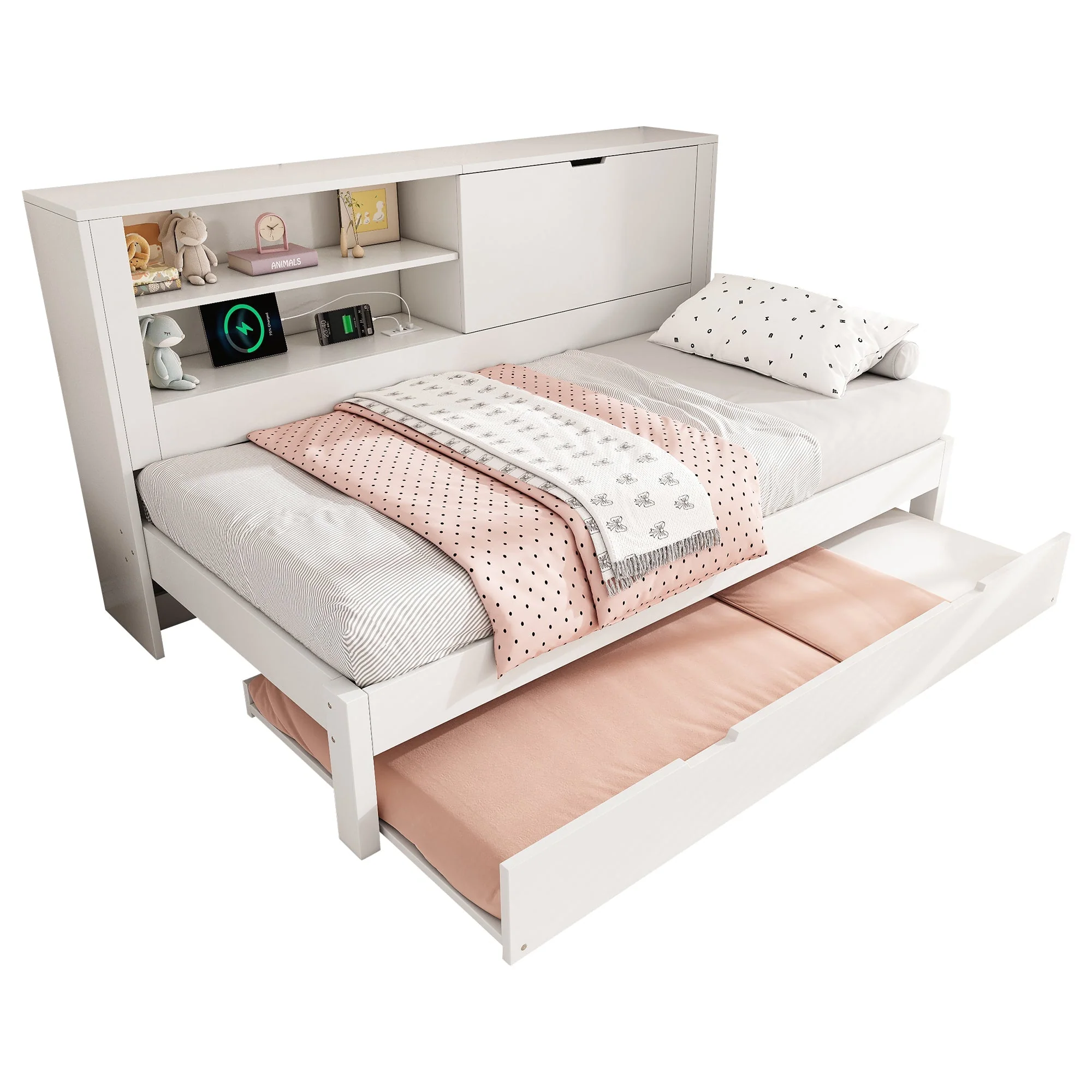 Sofa Bed with Pull-out Bed and Storage Back Panel, USB/USB-C Charging Station, White - Image 3