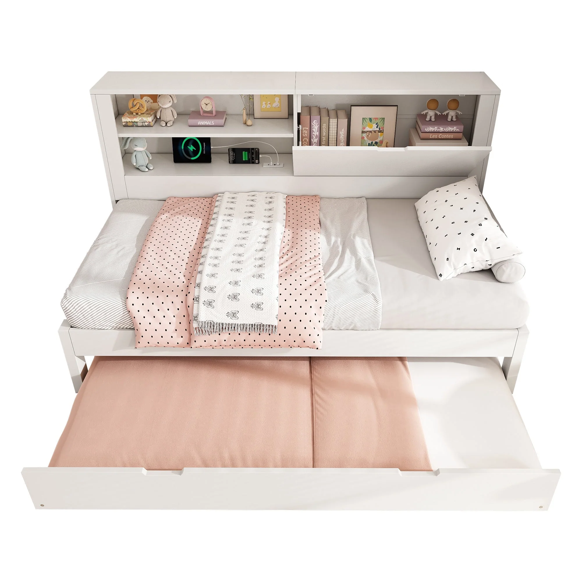 Sofa Bed with Pull-out Bed and Storage Back Panel, USB/USB-C Charging Station, White - Image 4