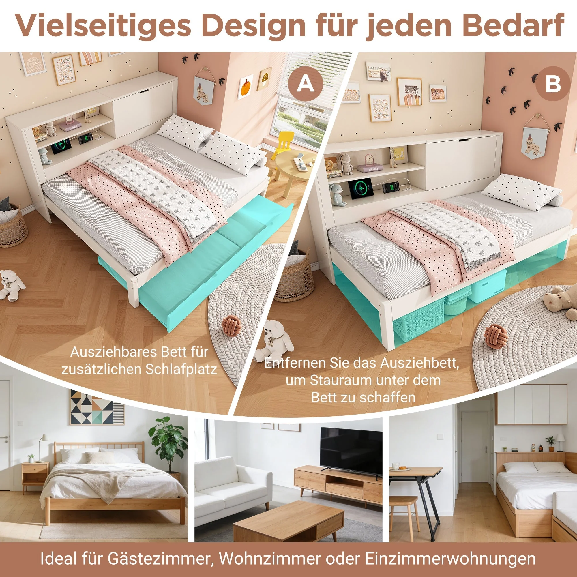 Sofa Bed with Pull-out Bed and Storage Back Panel, USB/USB-C Charging Station, White - Image 8