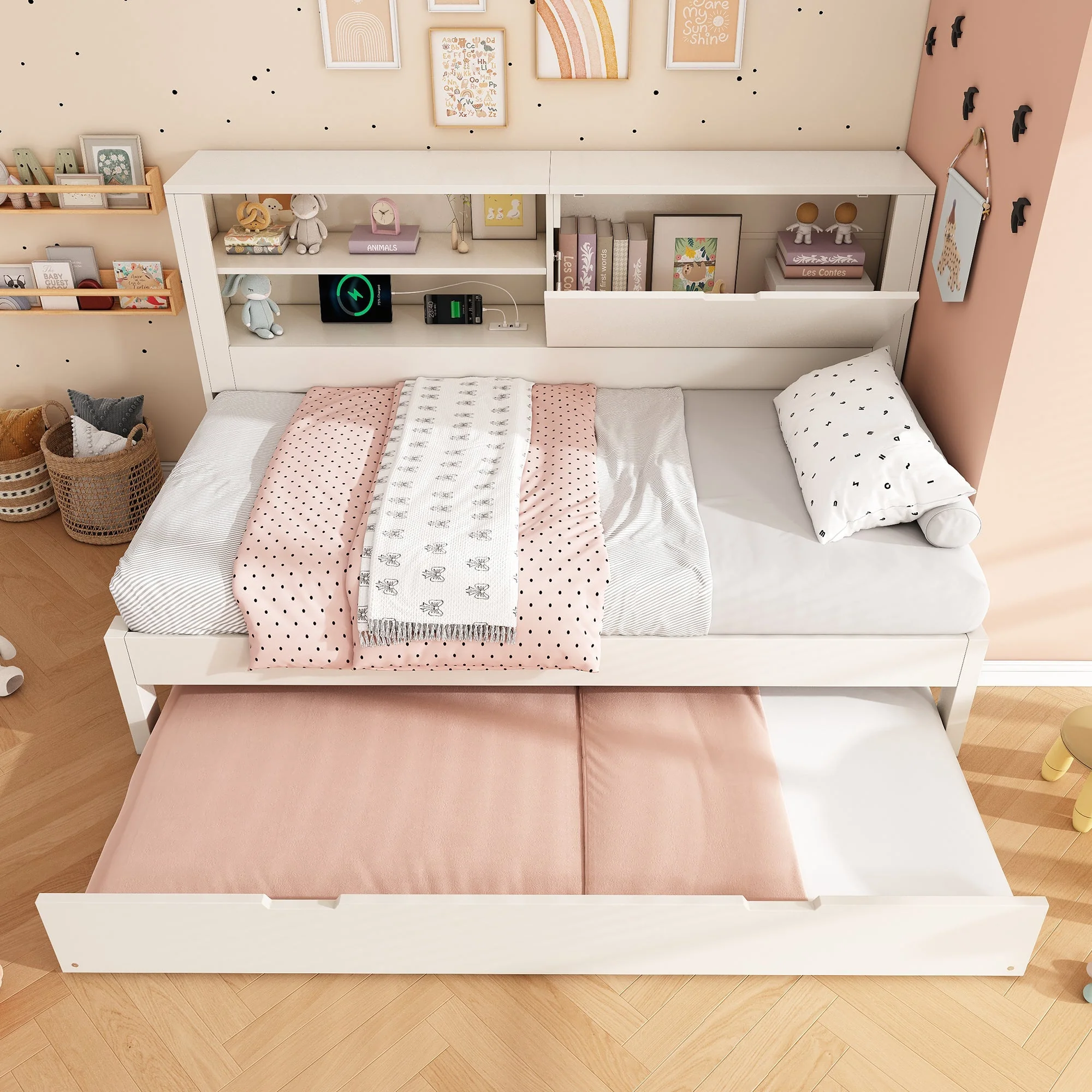 Sofa Bed with Pull-out Bed and Storage Back Panel, USB/USB-C Charging Station, White - Image 9