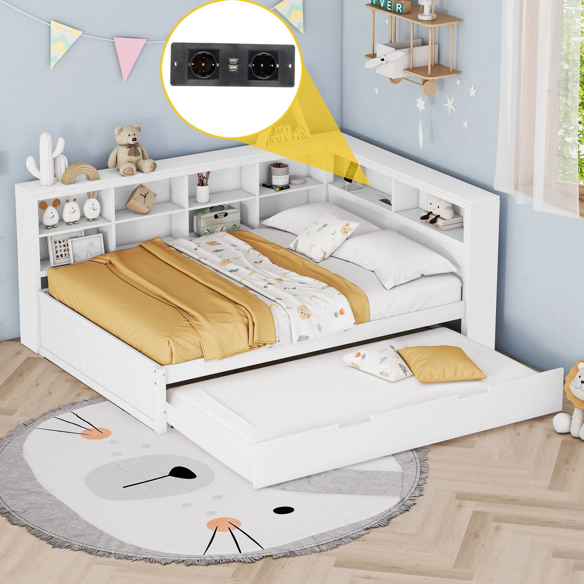 Sofa Bed with USB & Storage, Solid Wood, White - Image 3