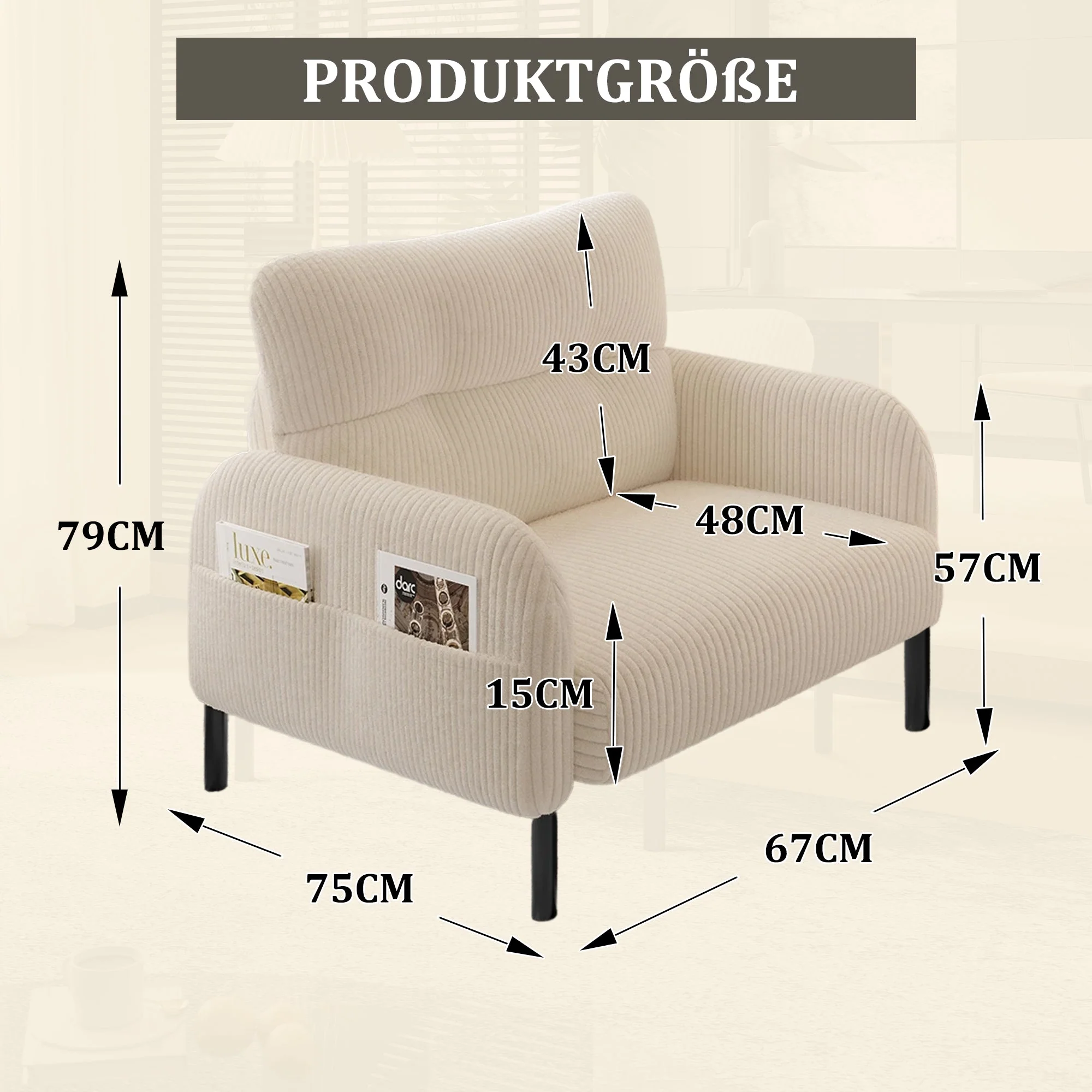 Sofa/Chair Comfortable Seat Depth, Armrests with Side Pockets, Solid Structure, Velvet Fabric - Image 2