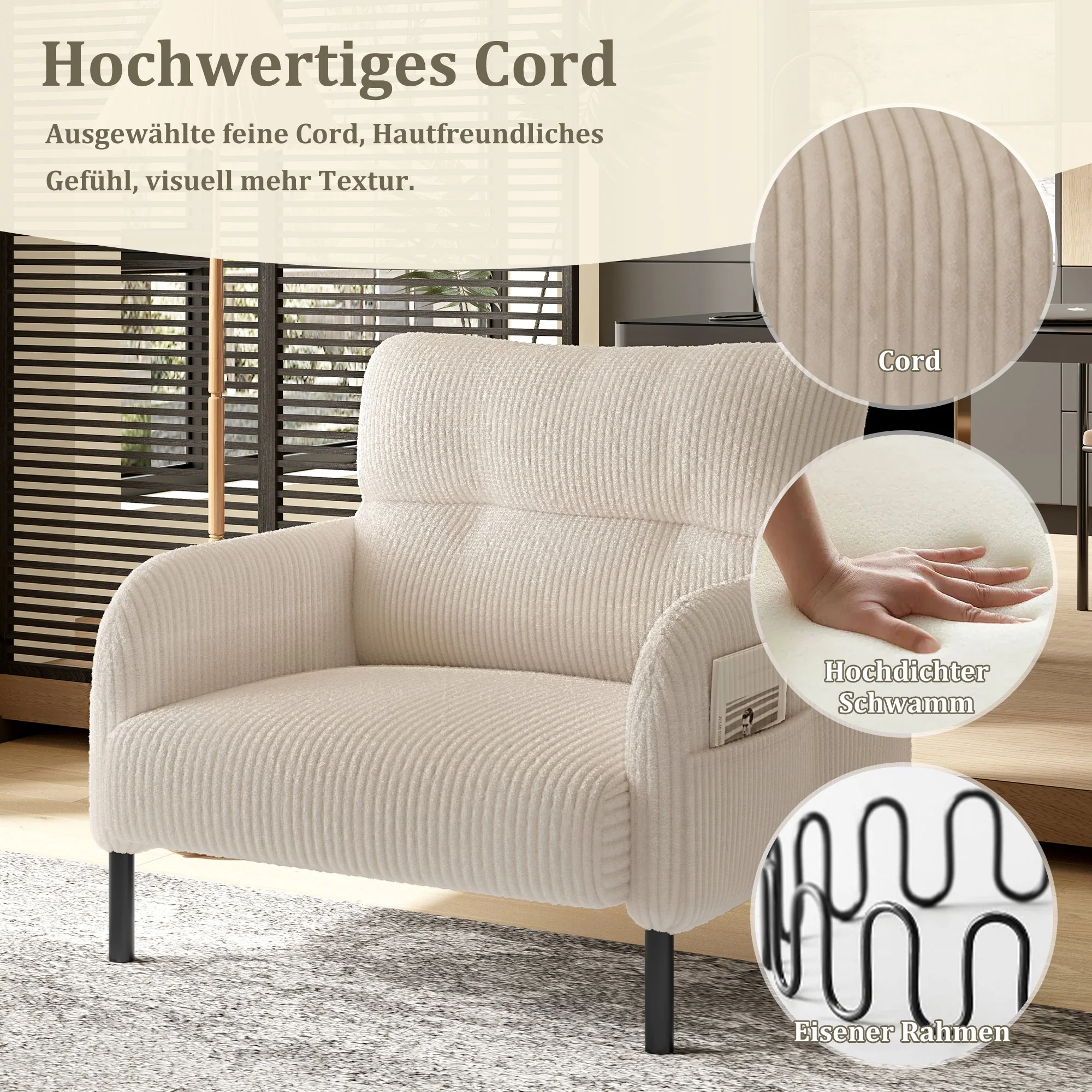 Sofa/Chair Comfortable Seat Depth, Armrests with Side Pockets, Solid Structure, Velvet Fabric - Image 3
