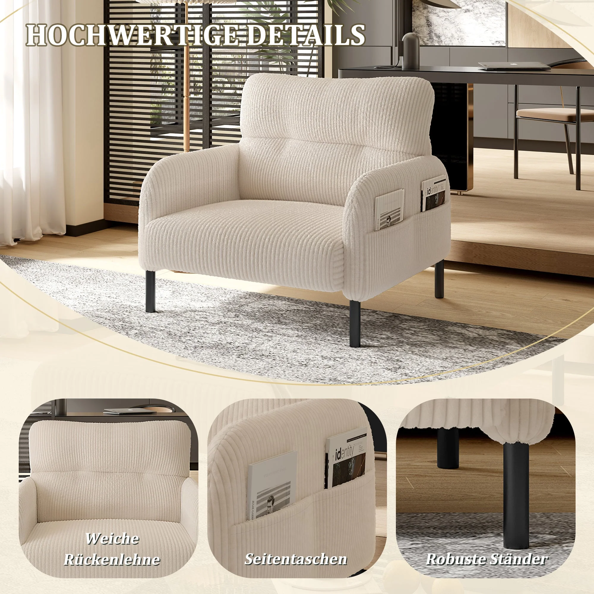 Sofa/Chair Comfortable Seat Depth, Armrests with Side Pockets, Solid Structure, Velvet Fabric - Image 4