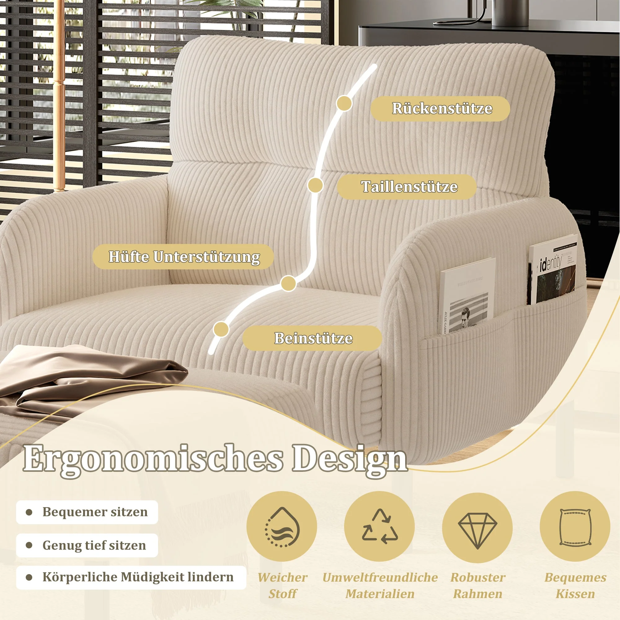 Sofa/Chair Comfortable Seat Depth, Armrests with Side Pockets, Solid Structure, Velvet Fabric - Image 5