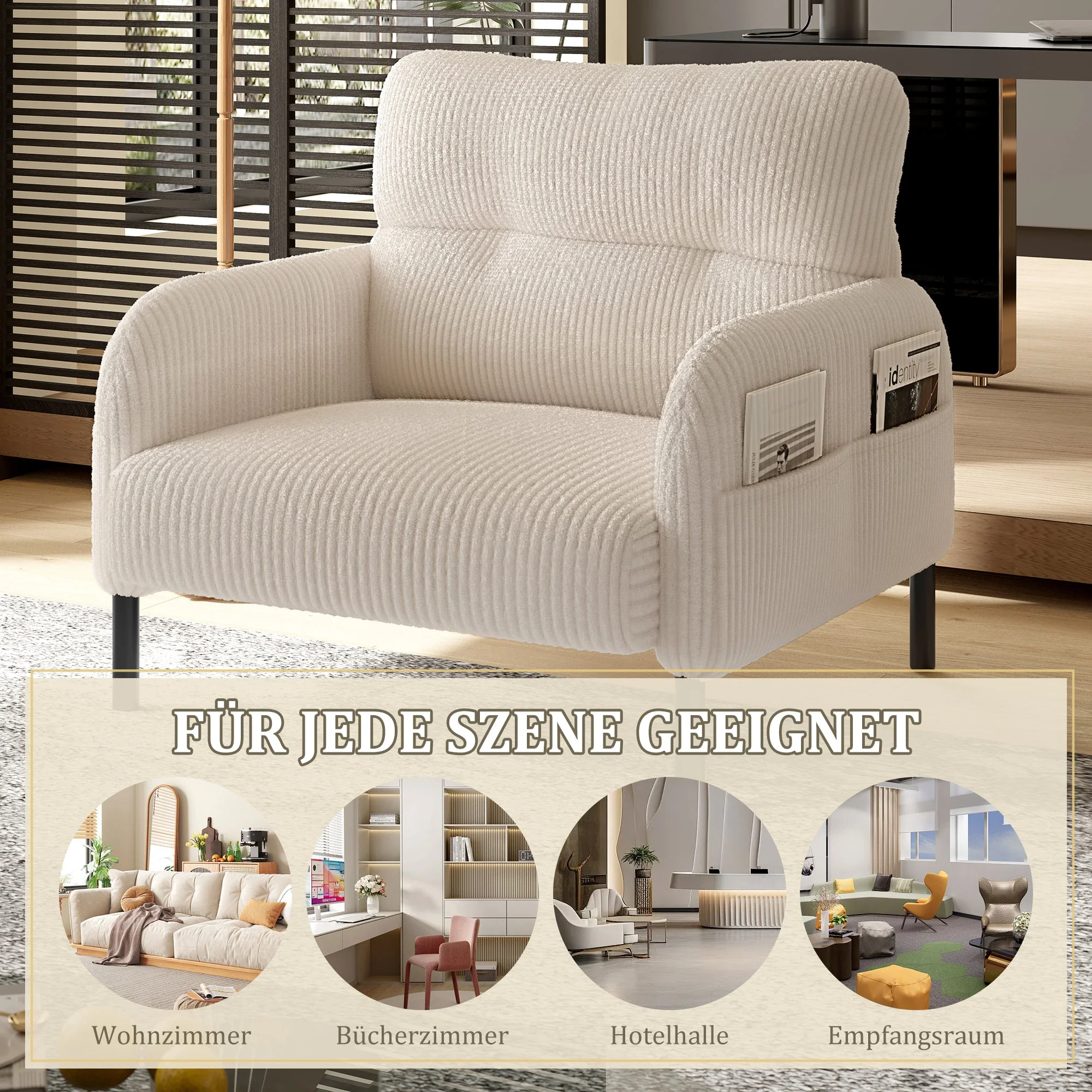 Sofa/Chair Comfortable Seat Depth, Armrests with Side Pockets, Solid Structure, Velvet Fabric - Image 6