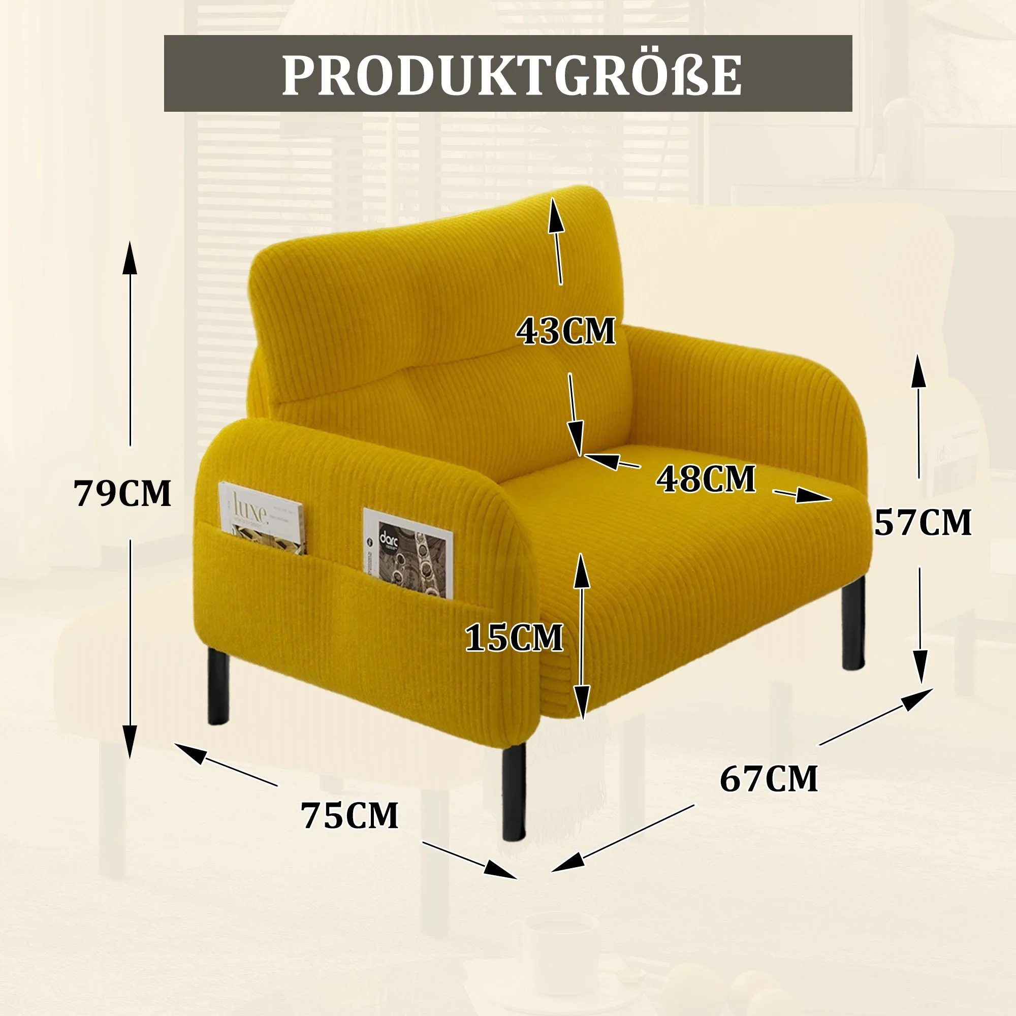 Sofa/Chair, Comfortable Seating with Side Pockets, Velvet Fabric - Image 2