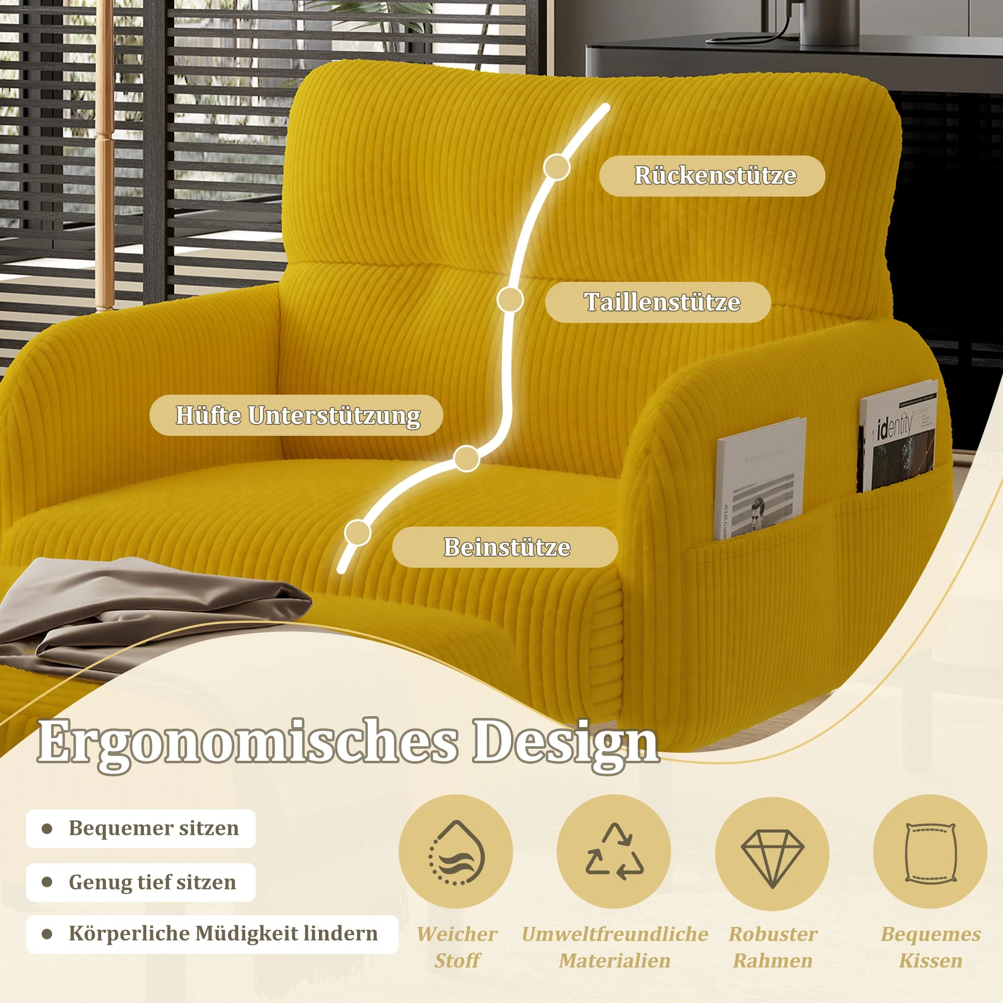 Sofa/Chair, Comfortable Seating with Side Pockets, Velvet Fabric - Image 5