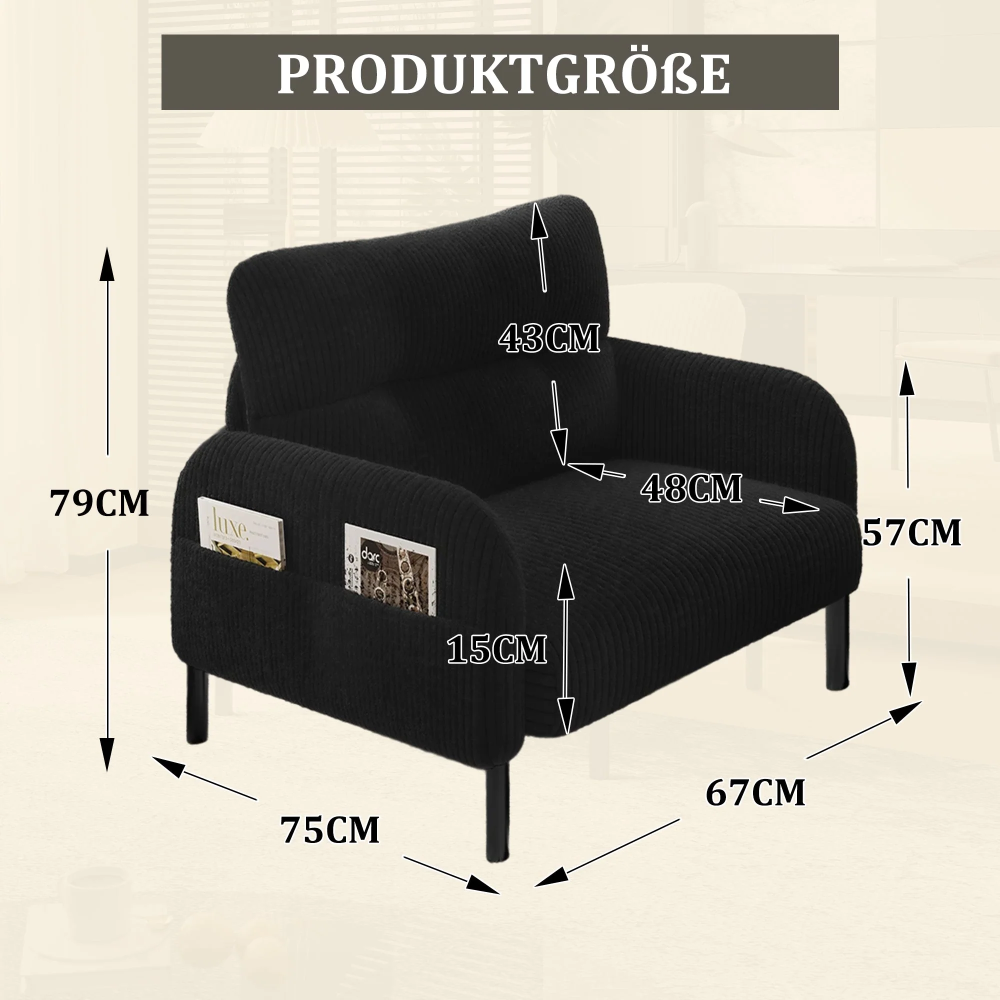 Sofa/Chair Comfortable with Side Pockets, Solid Structure - Velvet Fabric - Image 2
