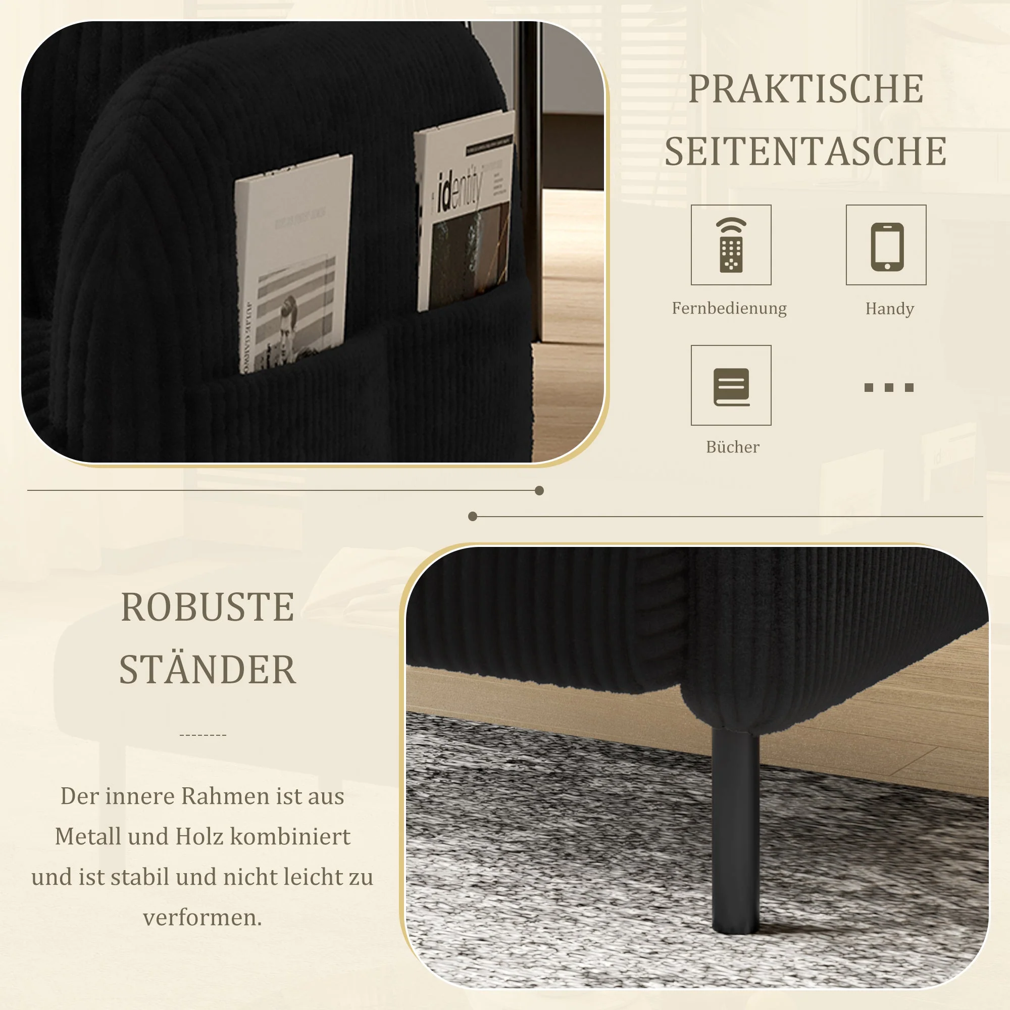 Sofa/Chair Comfortable with Side Pockets, Solid Structure - Velvet Fabric - Image 7