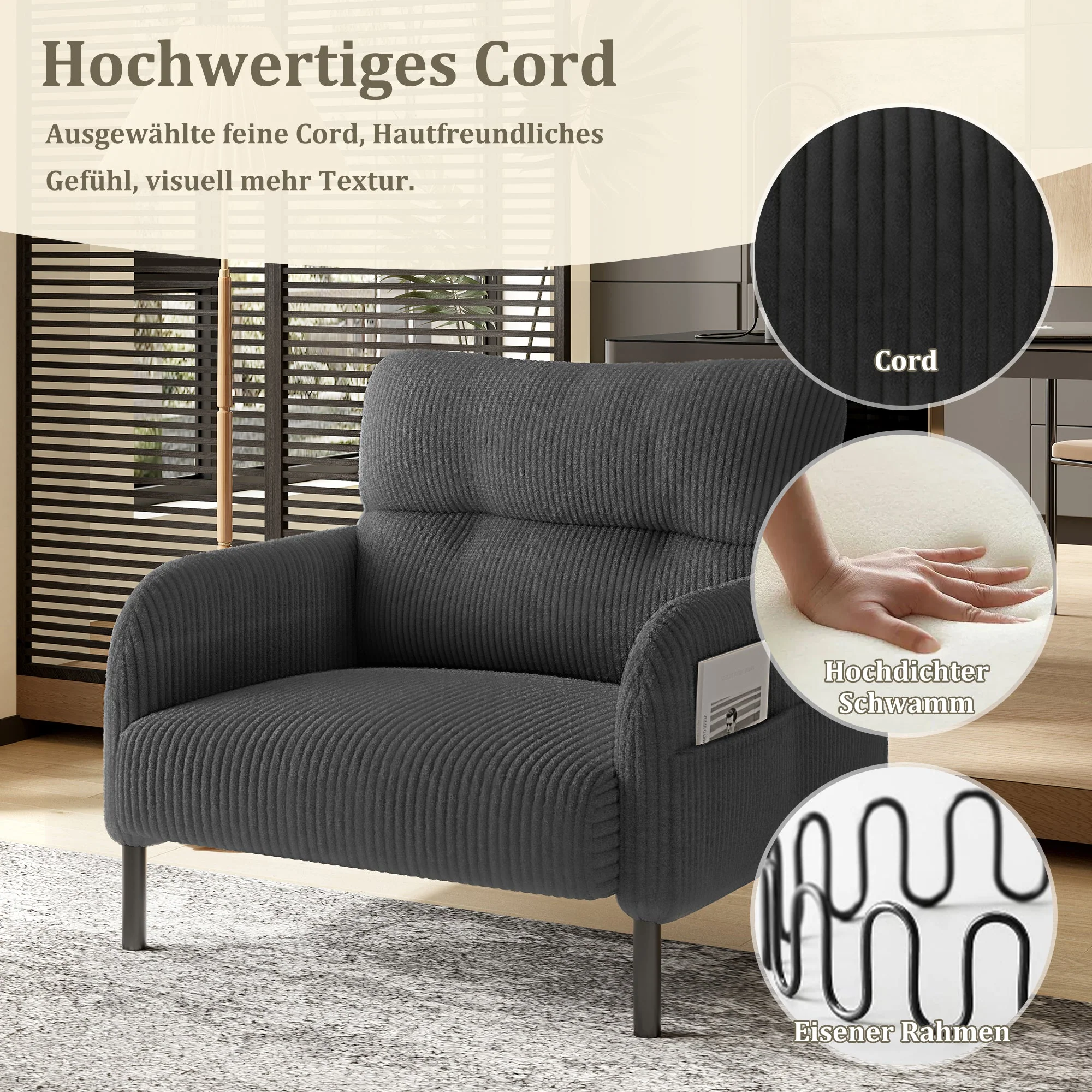 Sofa/Chair with Side Pockets, Comfortable Solid Structure, Velvet Fabric - Image 3