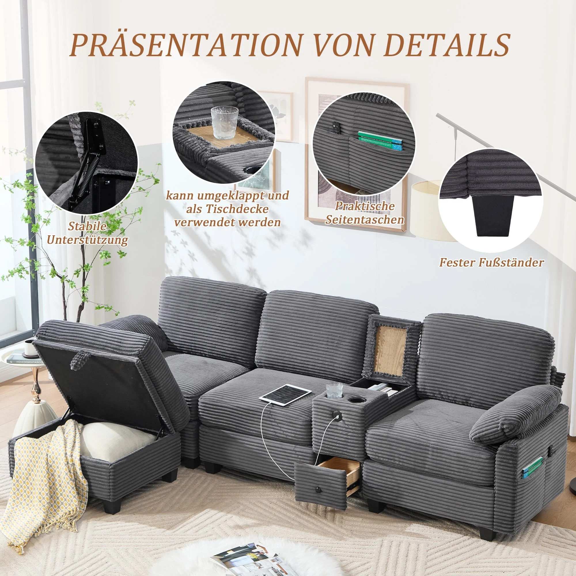Sofa - Comfort Foam, Removable Console, USB-C, Storage Ottoman - Corduroy - Image 7