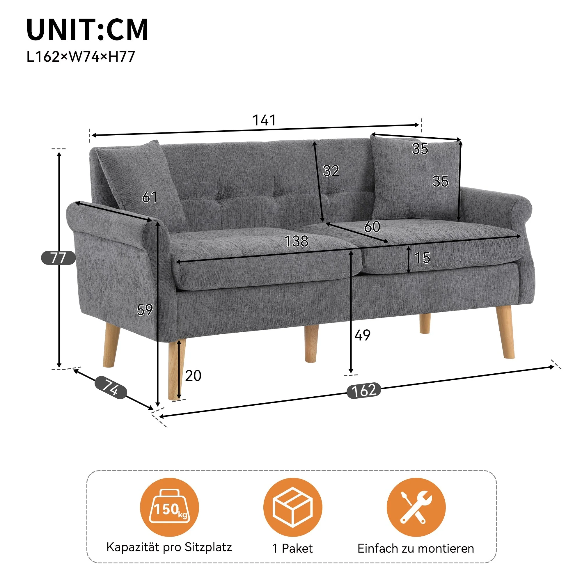 Sofa, Double Upholstered with Thick Cushions, Chenille Fabric - Image 9