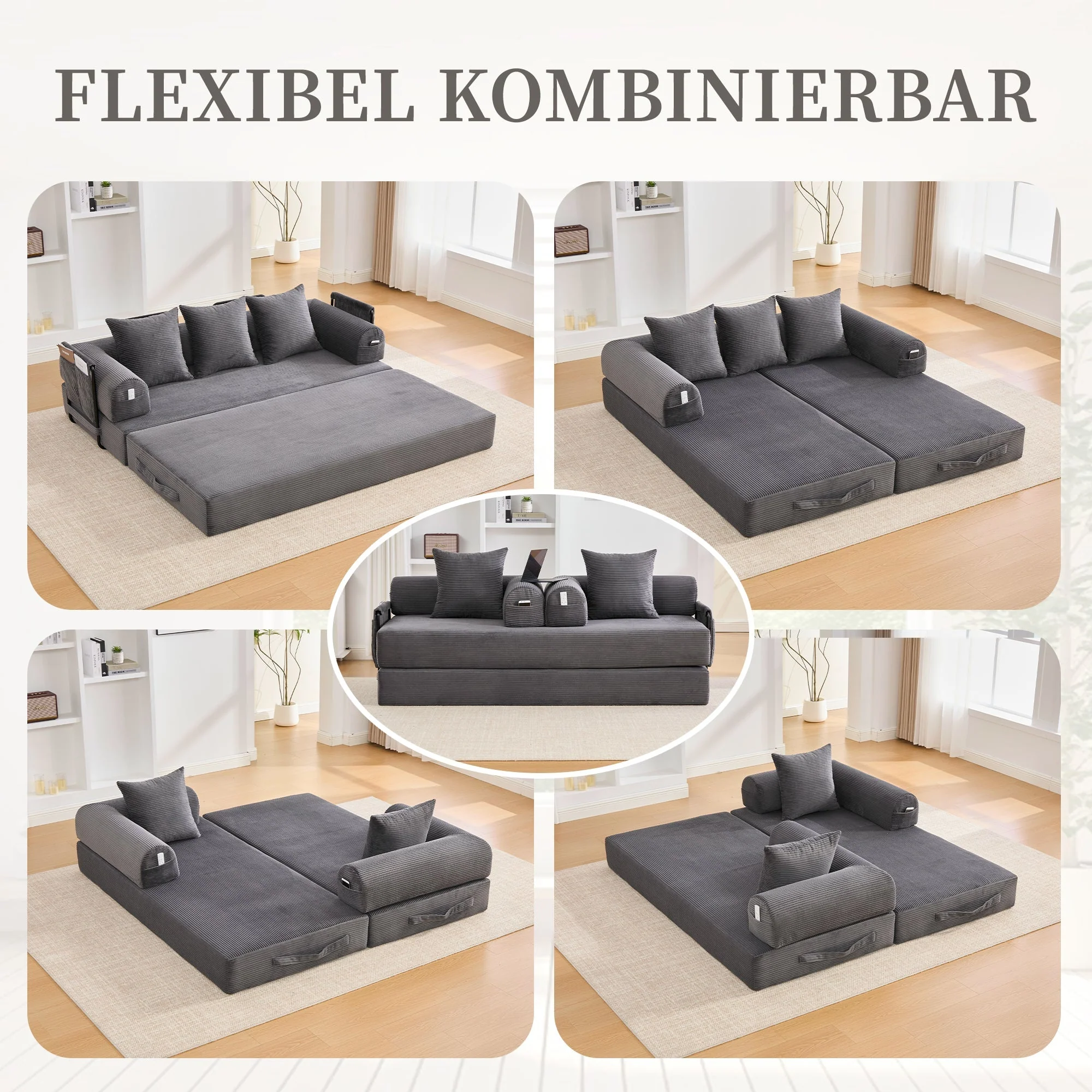 Sofa Foldable Metal Frame with 3 Cushions Side Pockets Dark Grey - Image 4