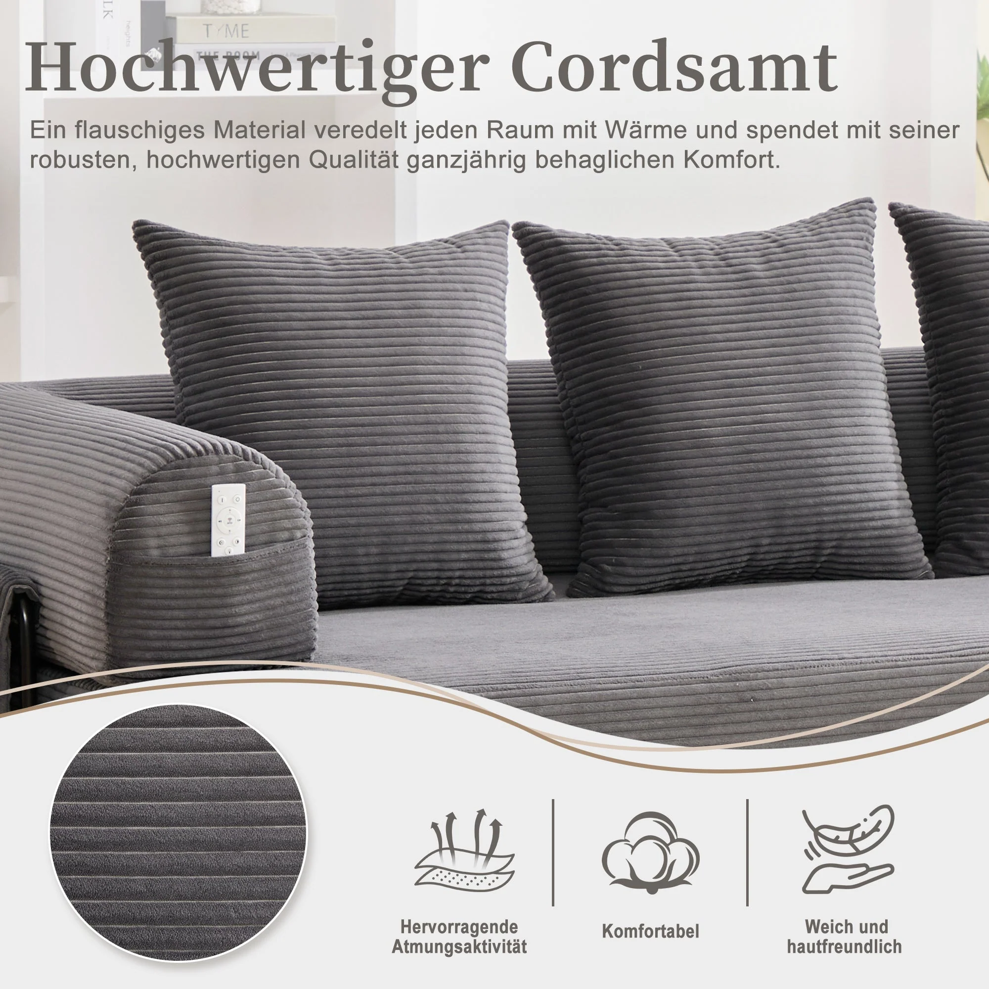 Sofa Foldable Metal Frame with 3 Cushions Side Pockets Dark Grey - Image 9