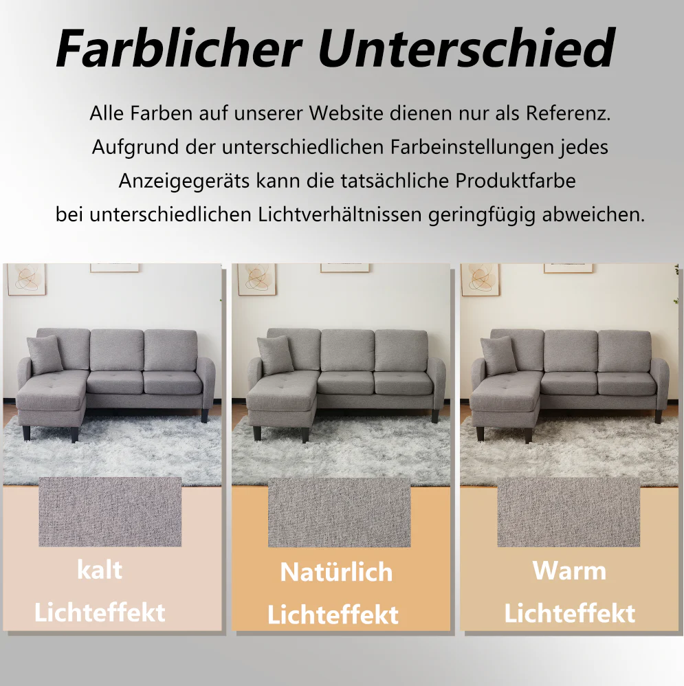 Sofa, L-Shaped Corner with Chaise, 3-Seater, Cotton Linen - Image 4