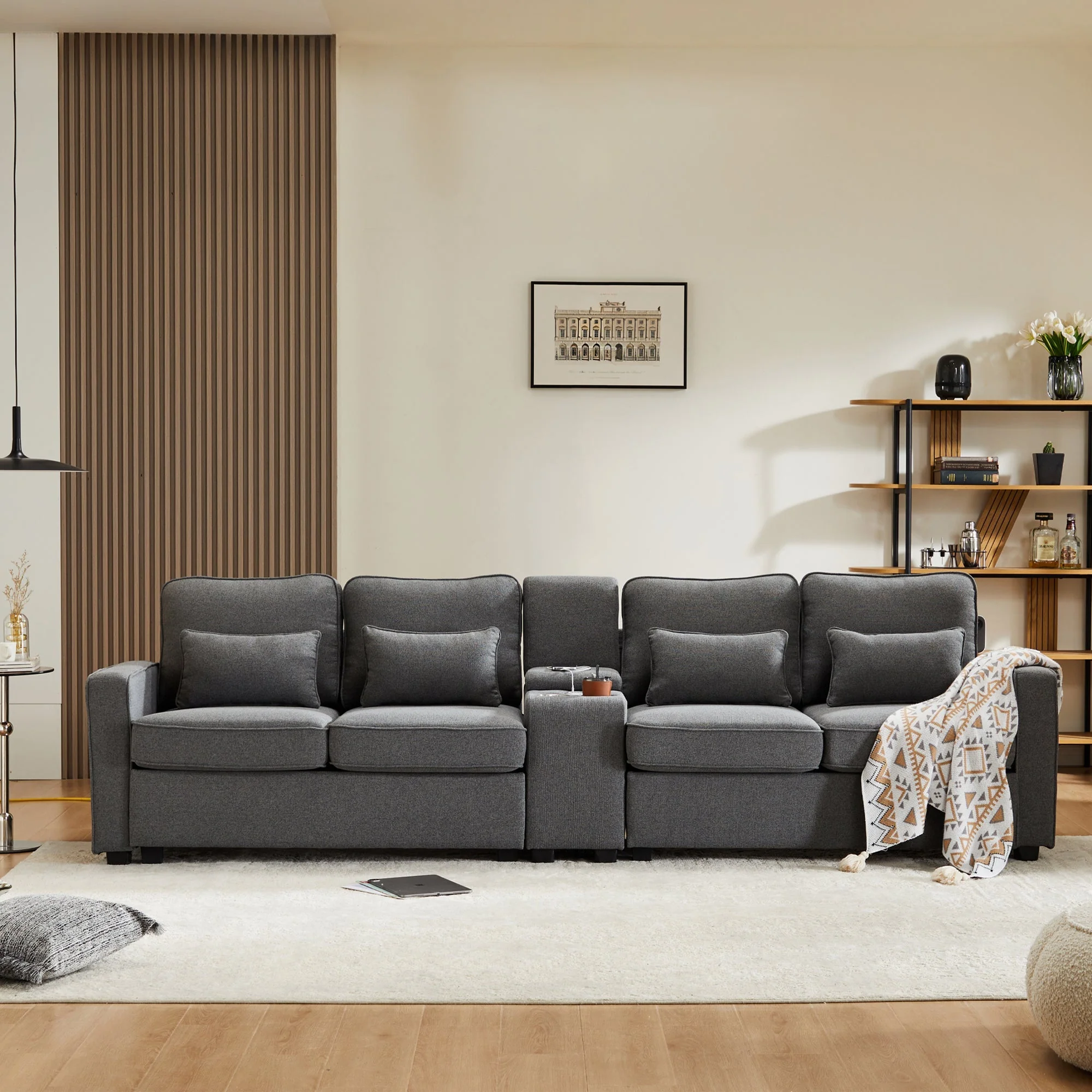 Sofa, Modern 4-Seater with Console, USB, Cupholders, Linen Fabric - Image 2