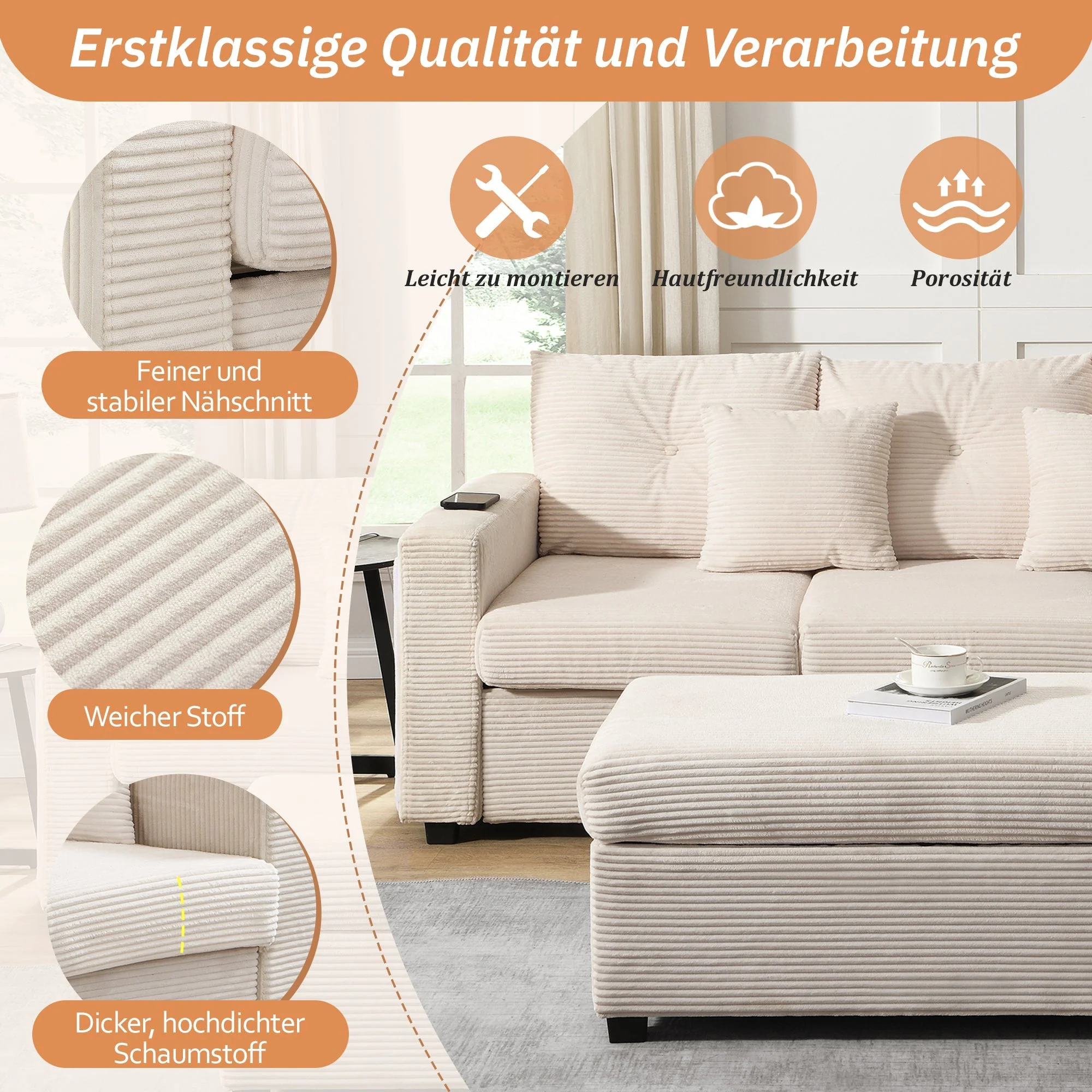 Sofa, Modern LED Combination with Cloud-Like Seating, 3-Seater + Ottoman, Modular L-Shaped - Image 10
