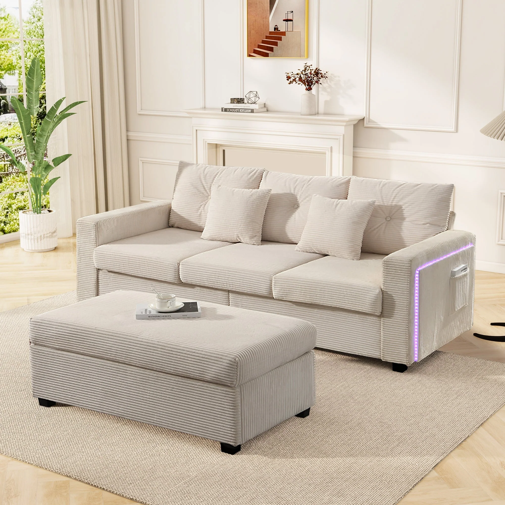 Sofa, Modern LED Combination with Cloud-Like Seating, 3-Seater + Ottoman, Modular L-Shaped - Image 5