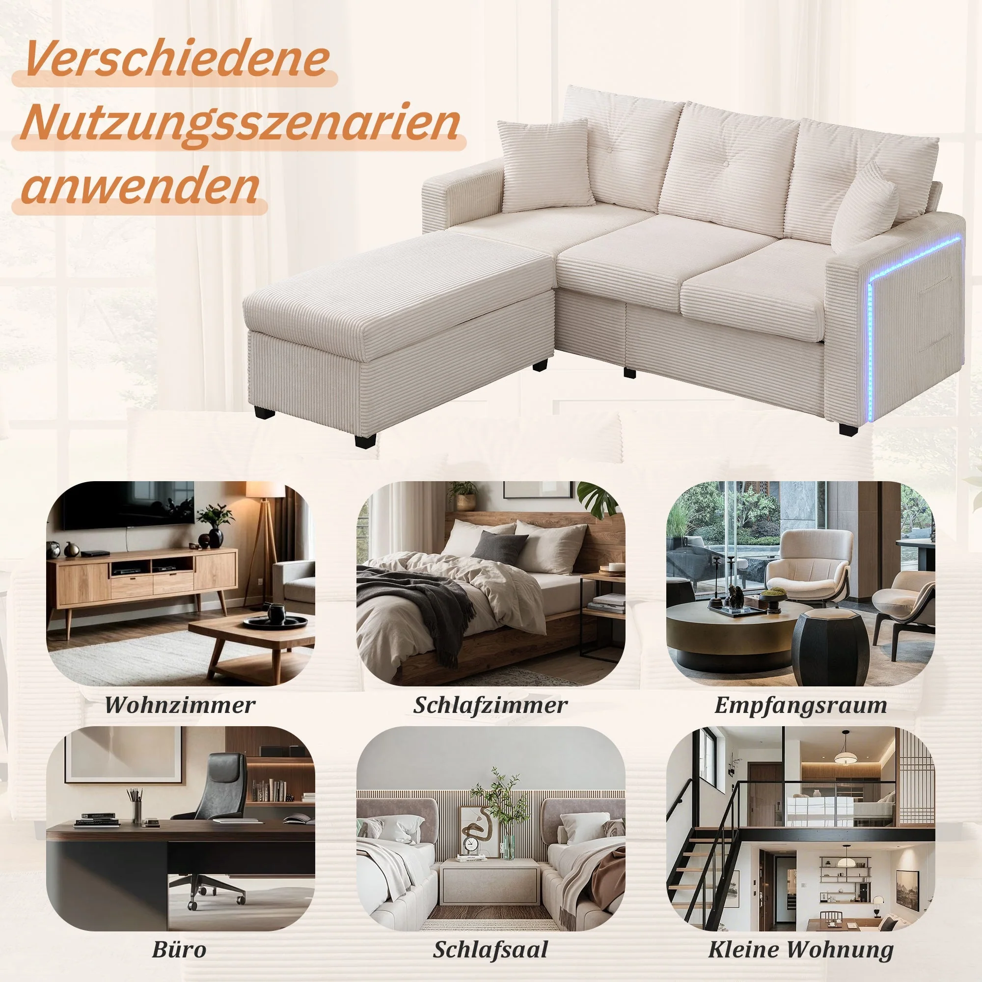 Sofa, Modern LED Combination with Cloud-Like Seating, 3-Seater + Ottoman, Modular L-Shaped - Image 6