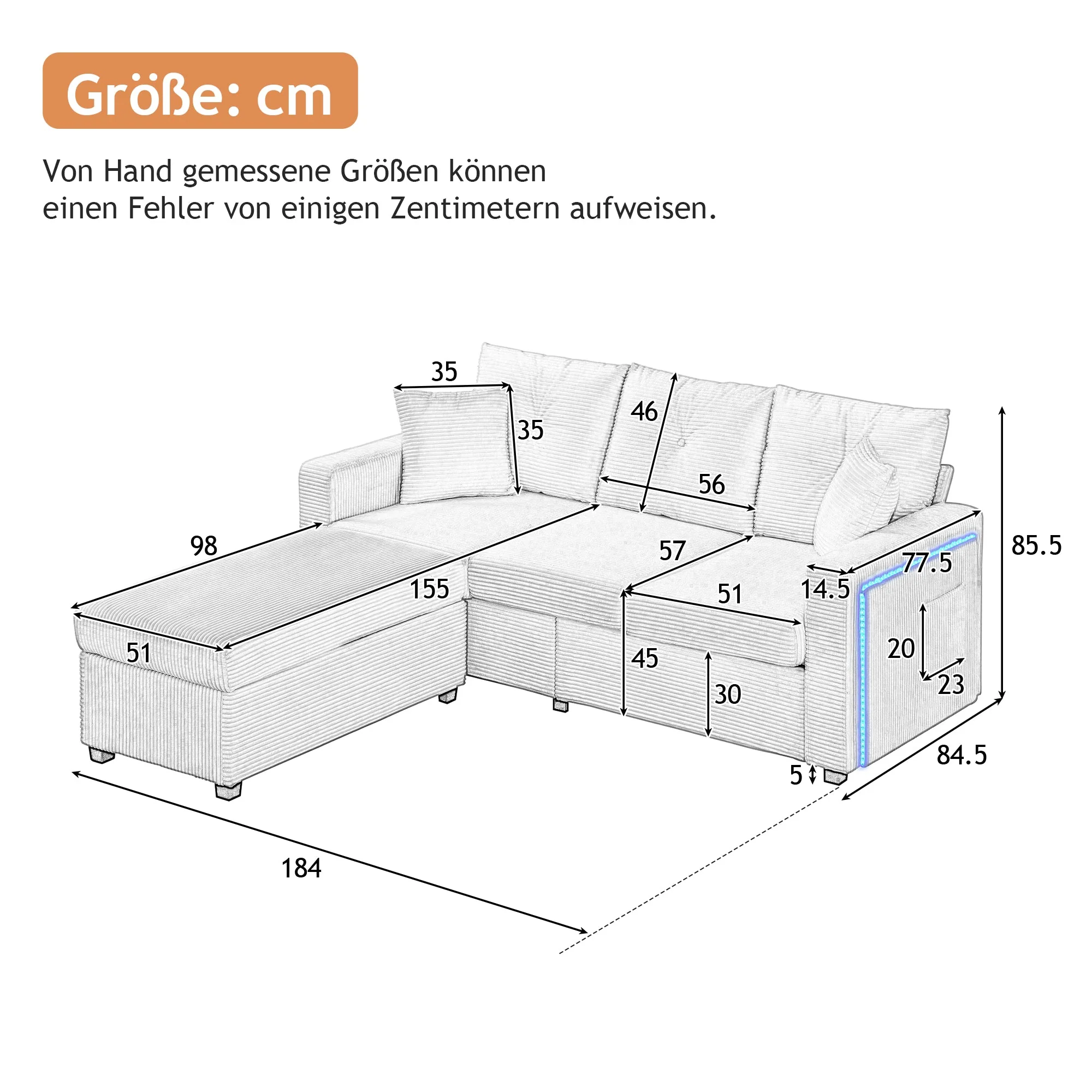 Sofa, Modern LED Combination with Cloud-Like Seating, 3-Seater + Ottoman, Modular L-Shaped - Image 7
