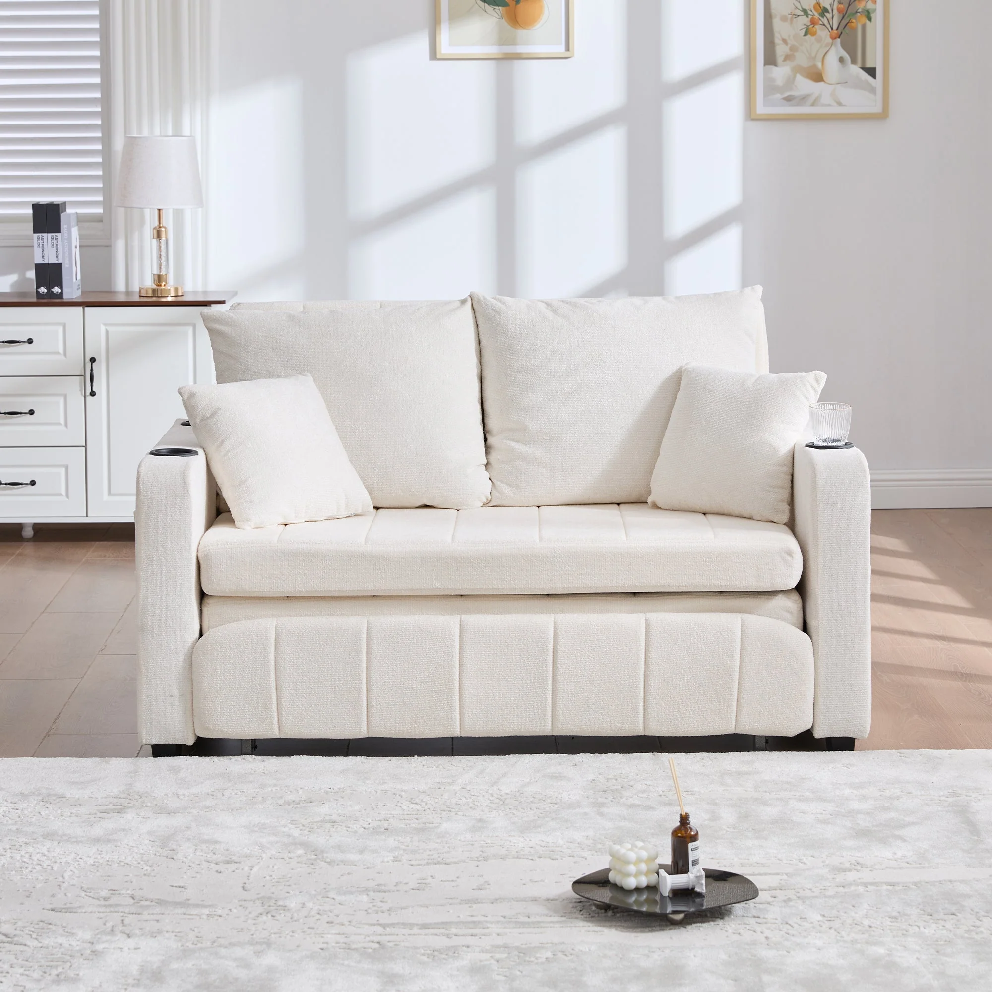 Sofa, Multifunctional Folding Pull-Out with USB & Cup Holder, Fabric - Image 10