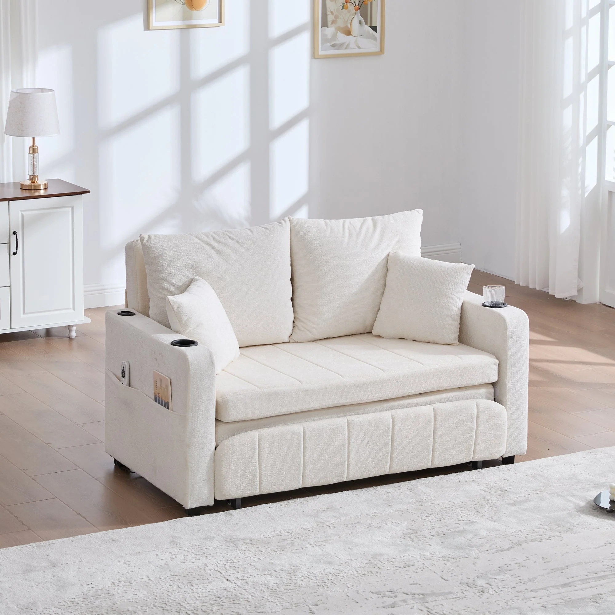 Sofa, Multifunctional Folding Pull-Out with USB & Cup Holder, Fabric - Image 3