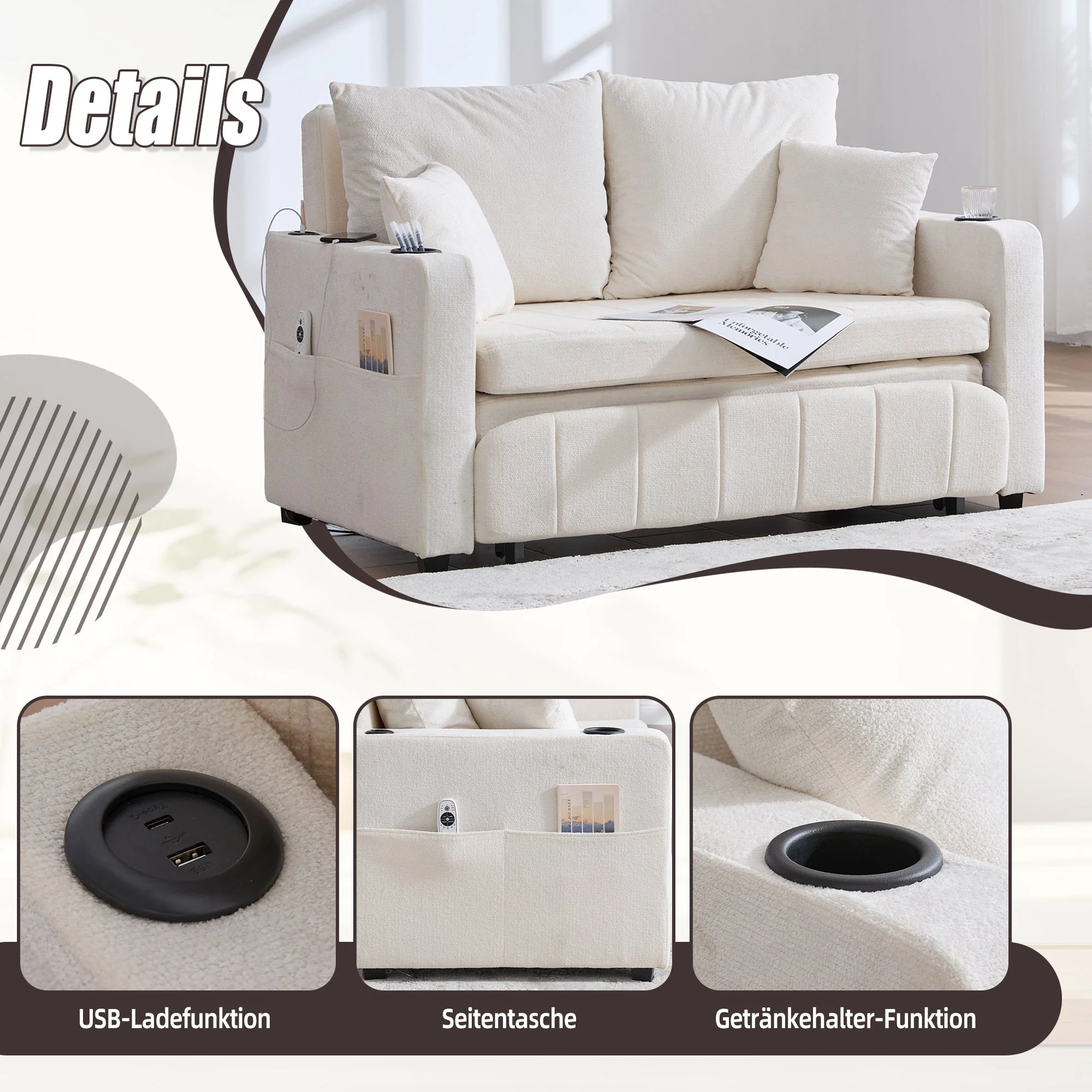 Sofa, Multifunctional Folding Pull-Out with USB & Cup Holder, Fabric - Image 4