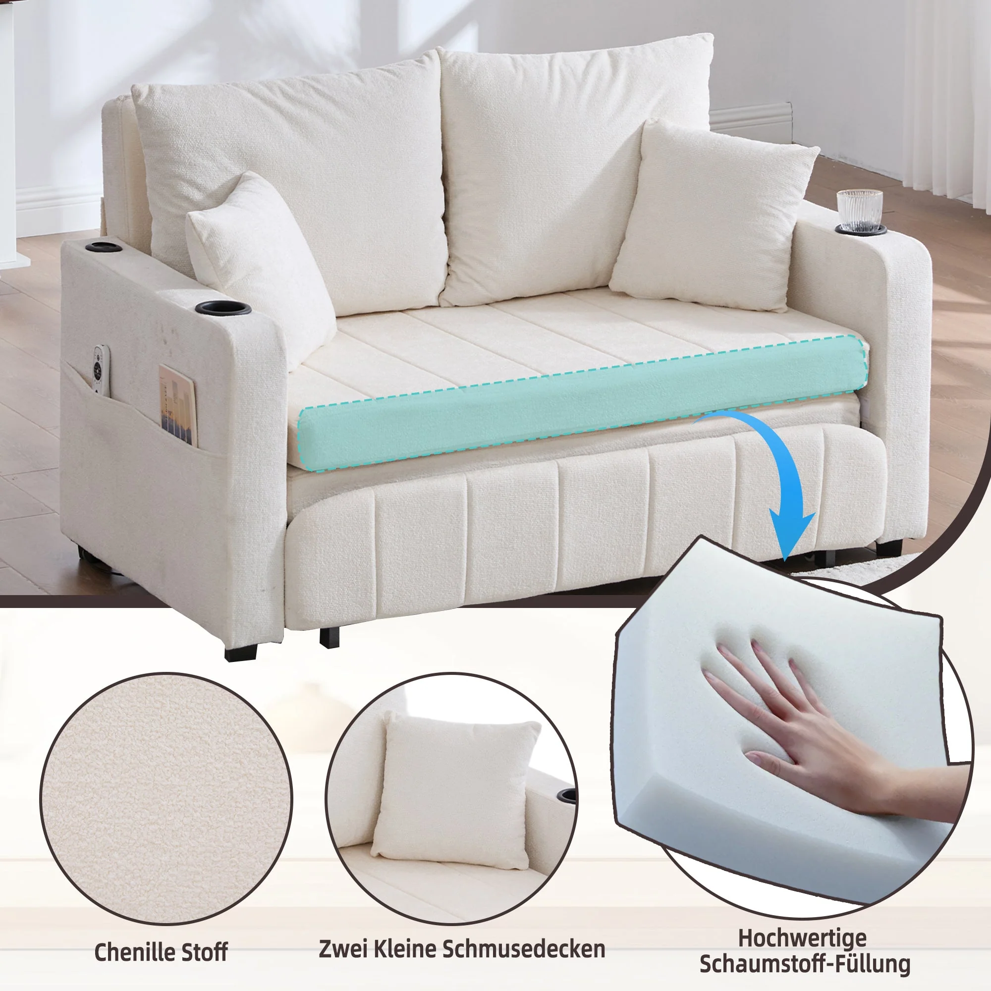 Sofa, Multifunctional Folding Pull-Out with USB & Cup Holder, Fabric - Image 5