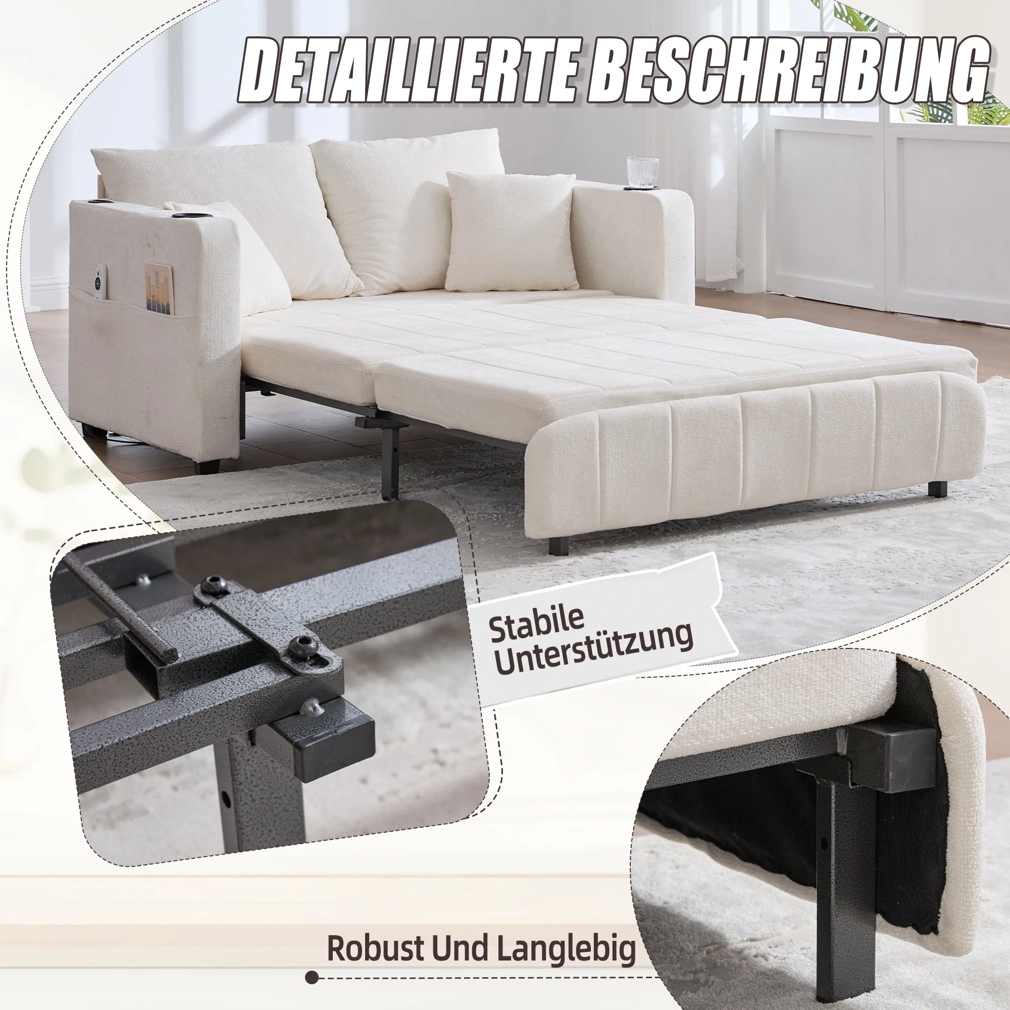 Sofa, Multifunctional Folding Pull-Out with USB & Cup Holder, Fabric - Image 6