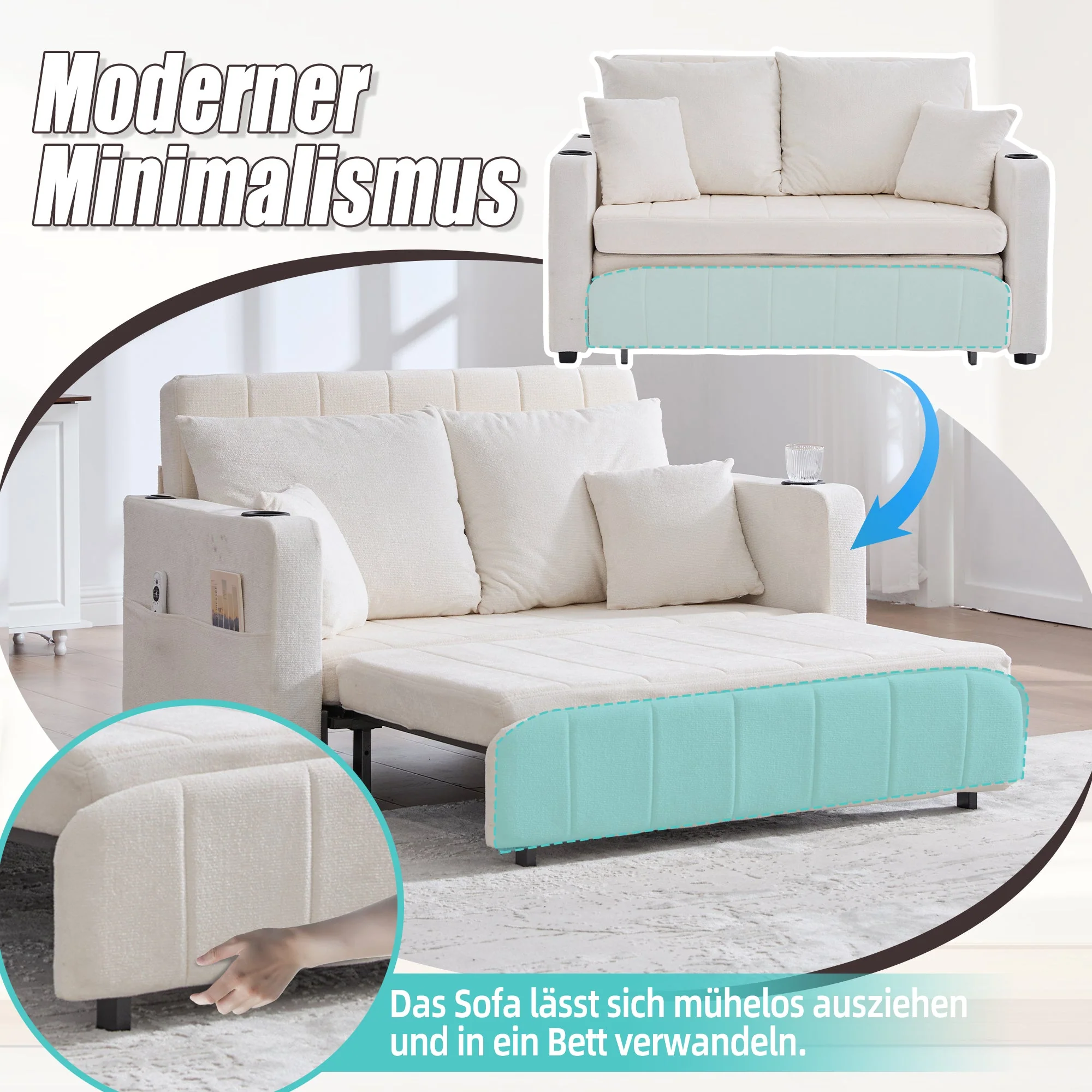 Sofa, Multifunctional Folding Pull-Out with USB & Cup Holder, Fabric - Image 7