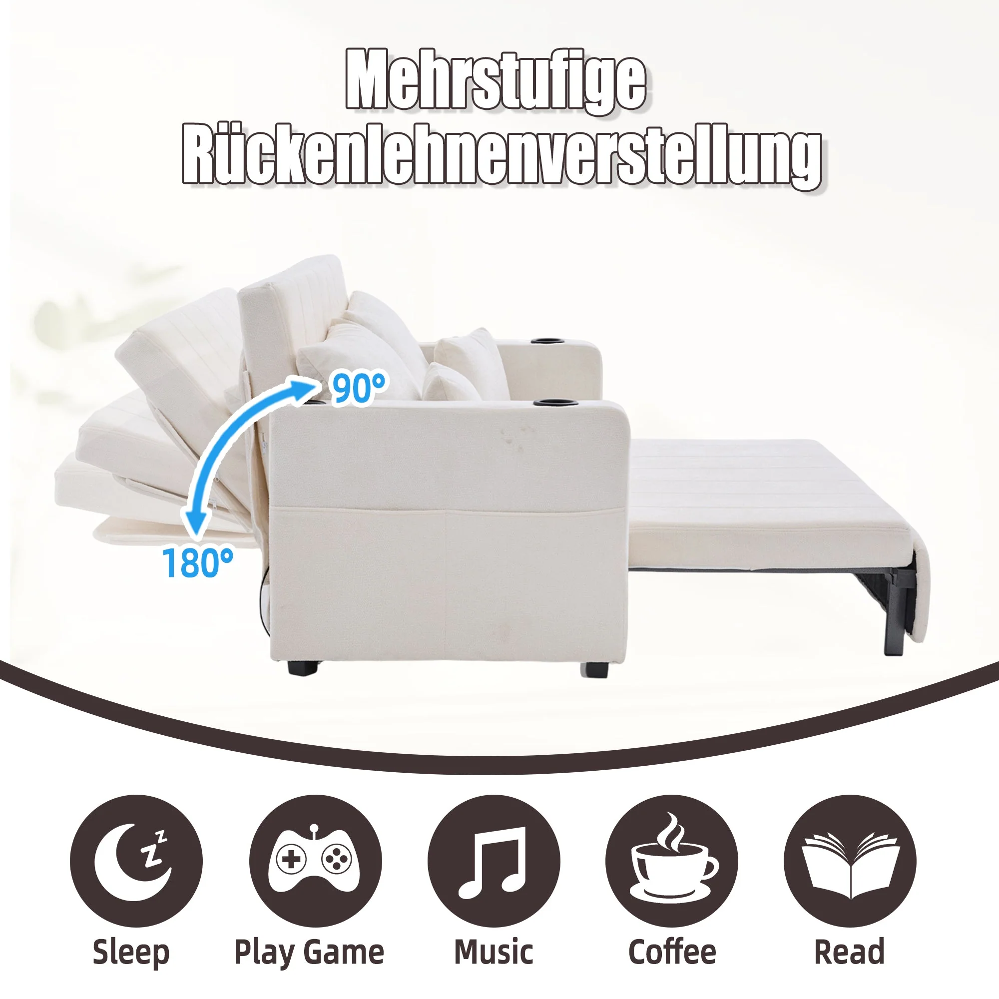 Sofa, Multifunctional Folding Pull-Out with USB & Cup Holder, Fabric - Image 8