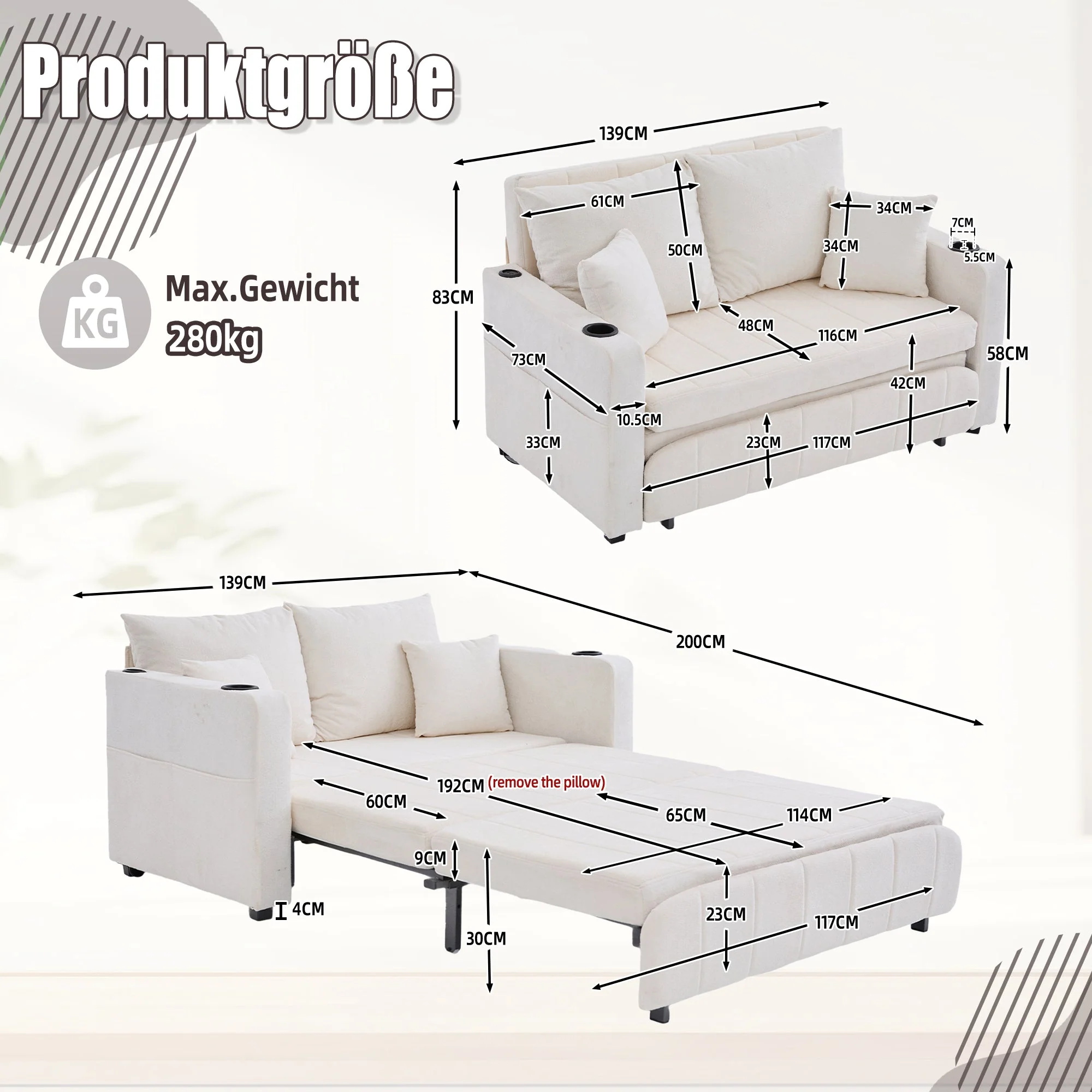 Sofa, Multifunctional Folding Pull-Out with USB & Cup Holder, Fabric - Image 9