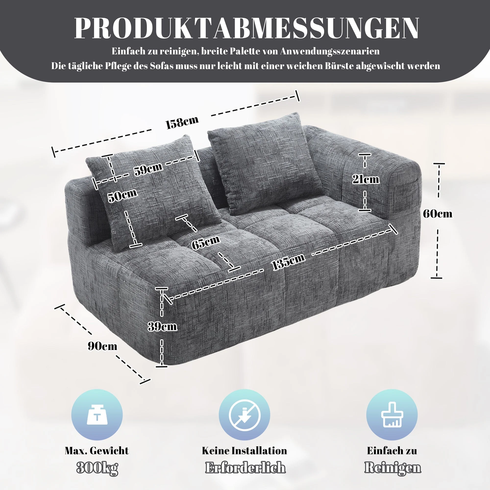 Sofa, Plush 2-Person No Assembly Side Pockets, Grey - Image 2