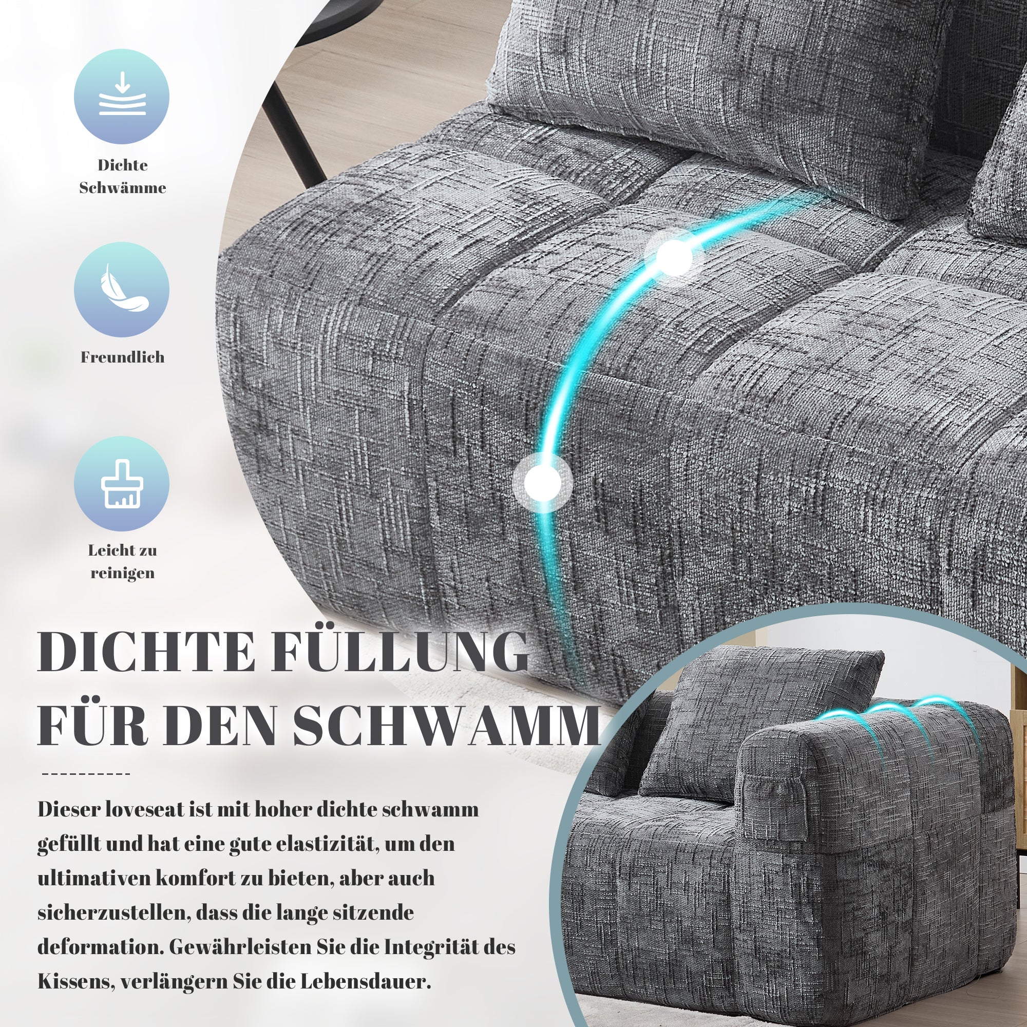 Sofa, Plush 2-Person No Assembly Side Pockets, Grey - Image 3