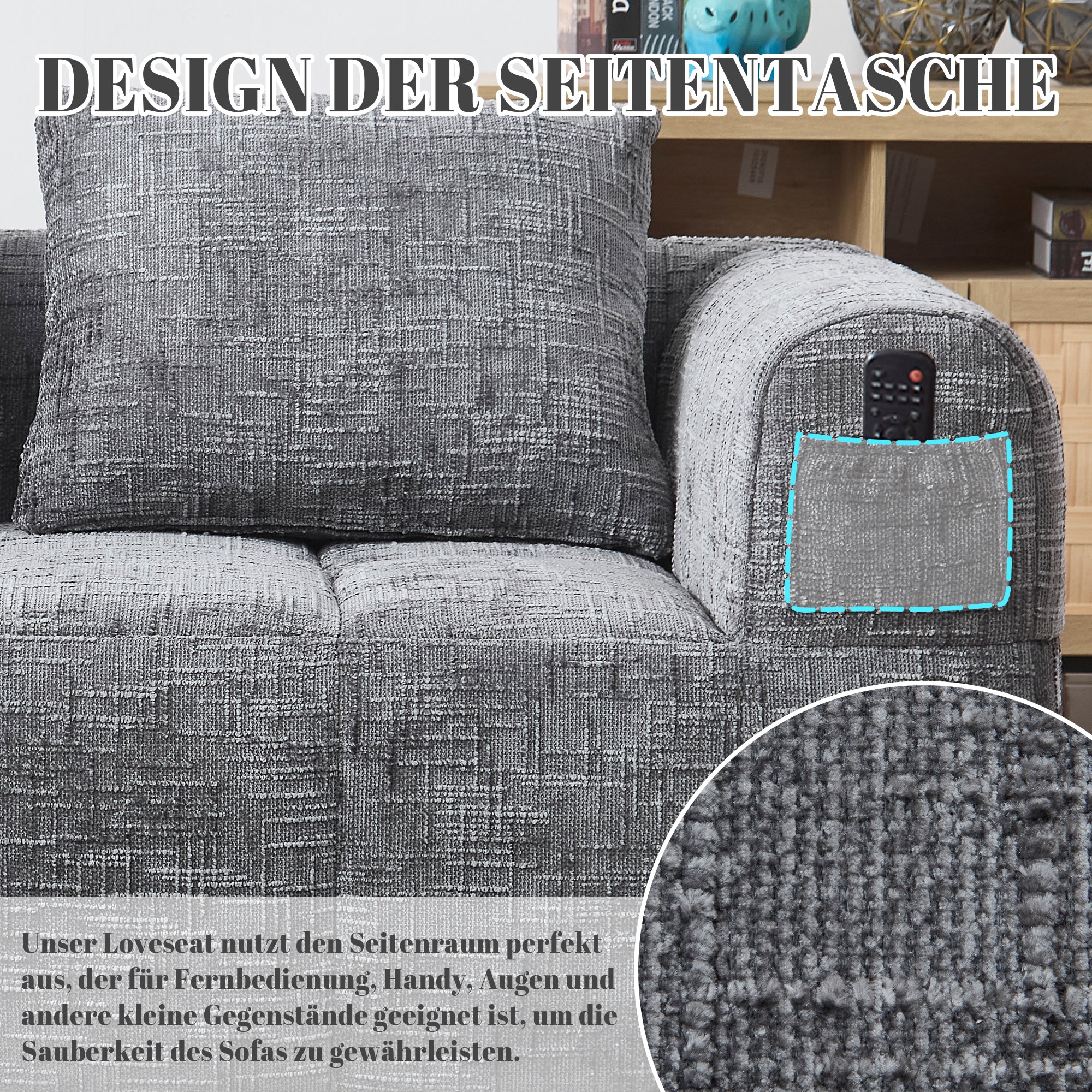 Sofa, Plush 2-Person No Assembly Side Pockets, Grey - Image 4