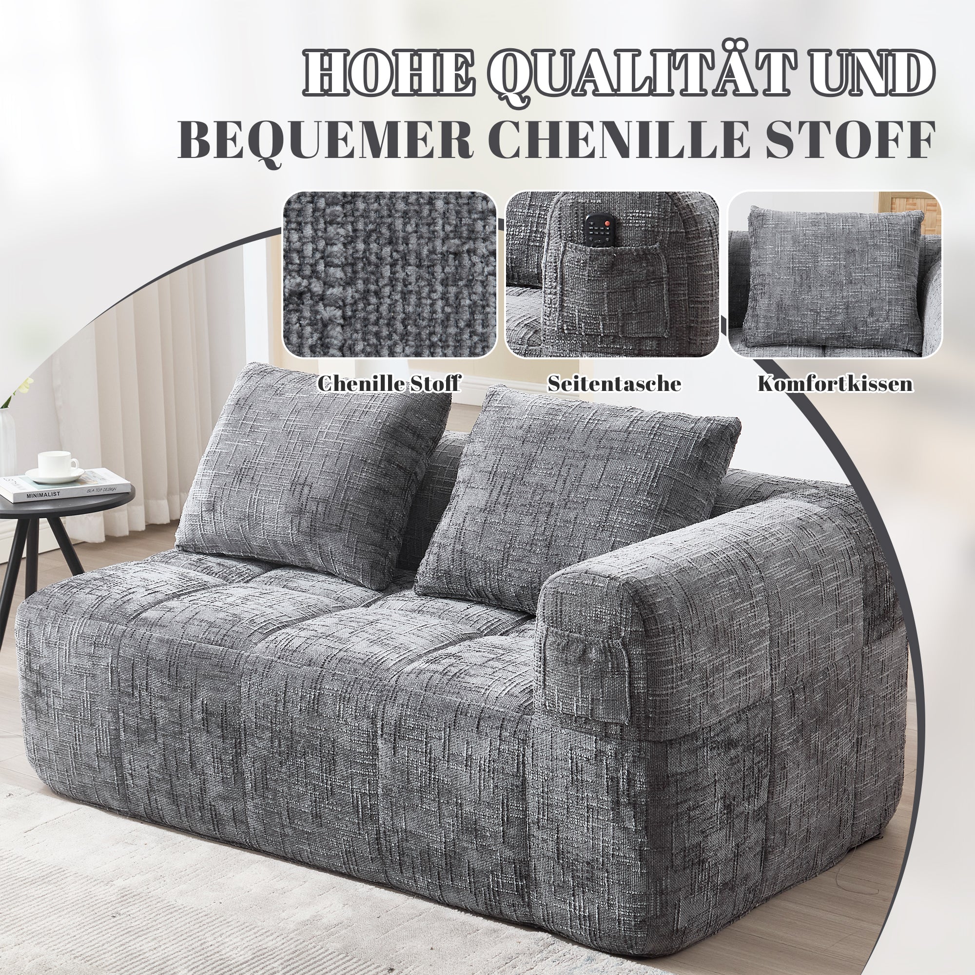 Sofa, Plush 2-Person No Assembly Side Pockets, Grey - Image 5