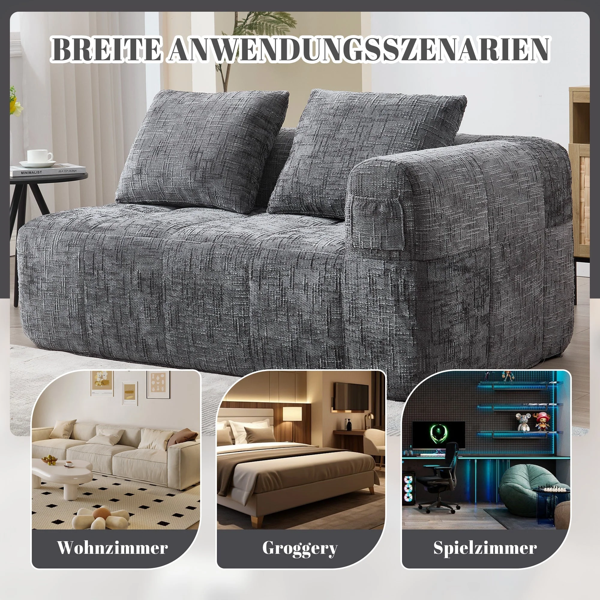 Sofa, Plush 2-Person No Assembly Side Pockets, Grey - Image 8