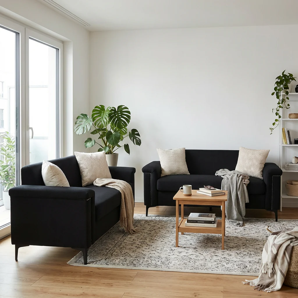 Sofa Set 2-Piece 172cm Space-Saving Metal Legs - Black Fabric - Image 2