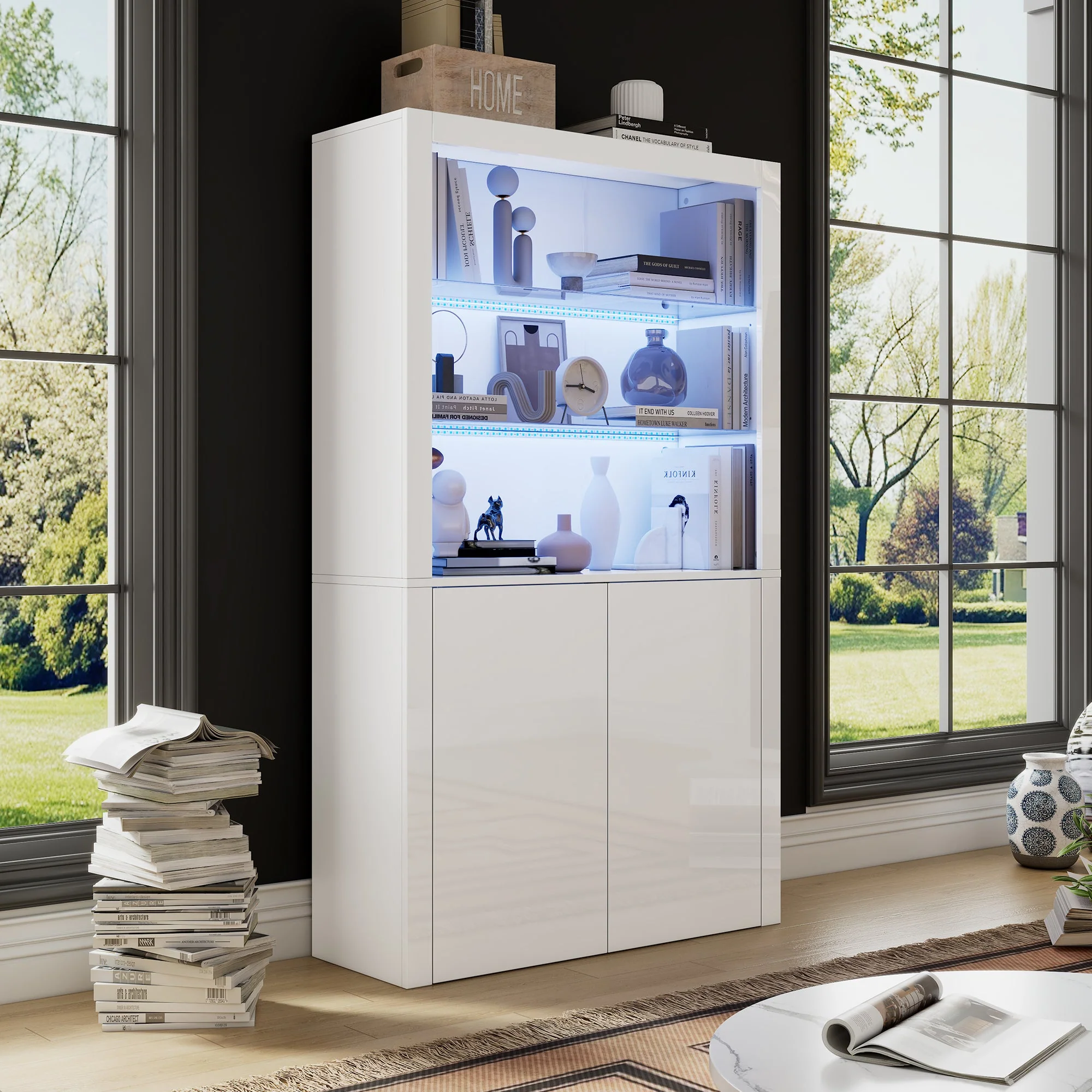 Sofa Sideboard Tall Cabinet, Display Storage with LED Lights, Tempered Glass, 100 x 35 x 170 cm, High-Gloss - Image 4