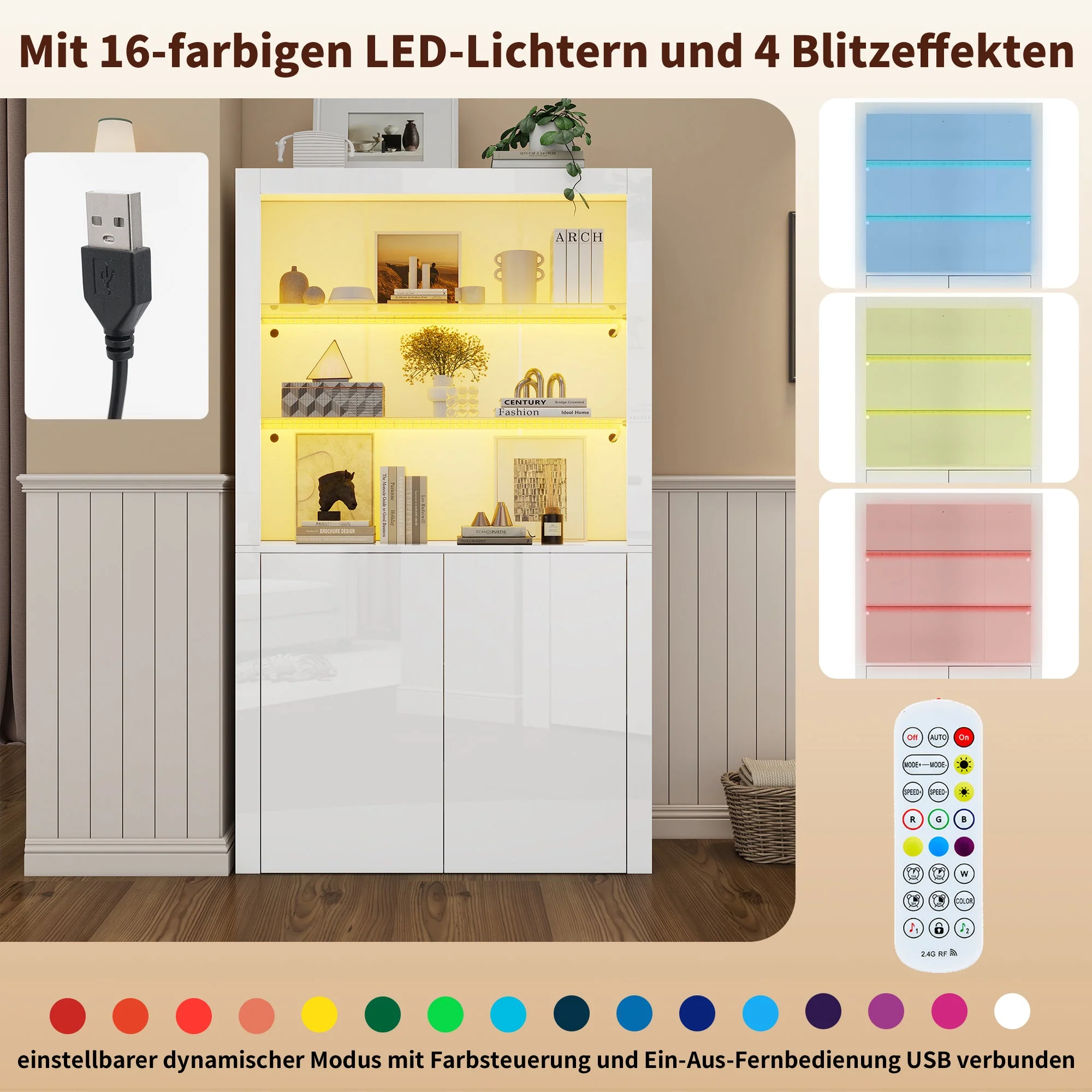 Sofa Sideboard Tall Cabinet, Display Storage with LED Lights, Tempered Glass, 100 x 35 x 170 cm, High-Gloss - Image 7