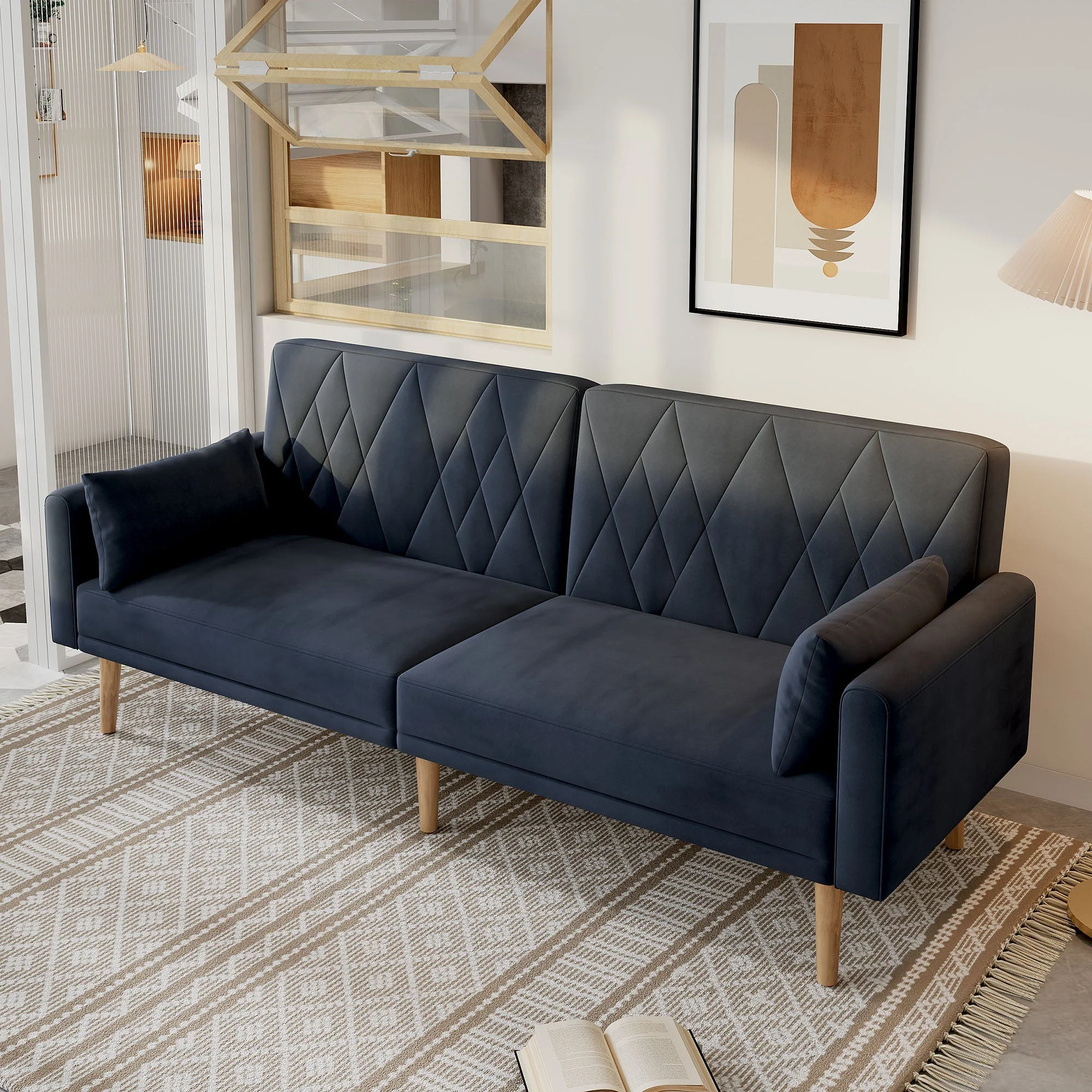 Sofa, Two-Seater Sofa Bed with Sleep Function, Velvet Fabric - Image 2