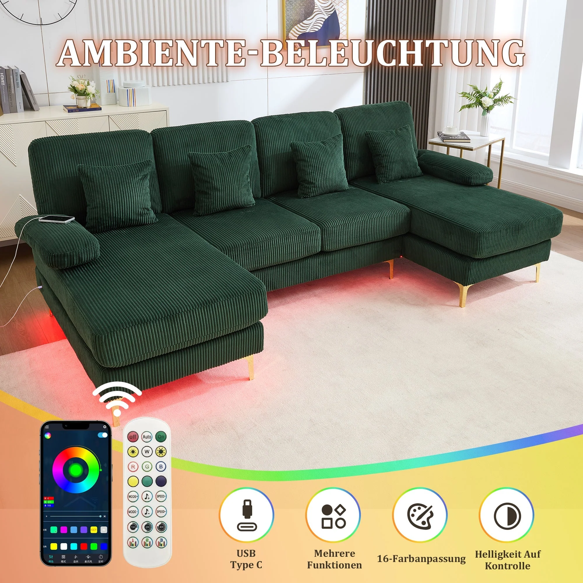 Sofa, U-Shaped with LED & USB-C, Dark Green - Image 3