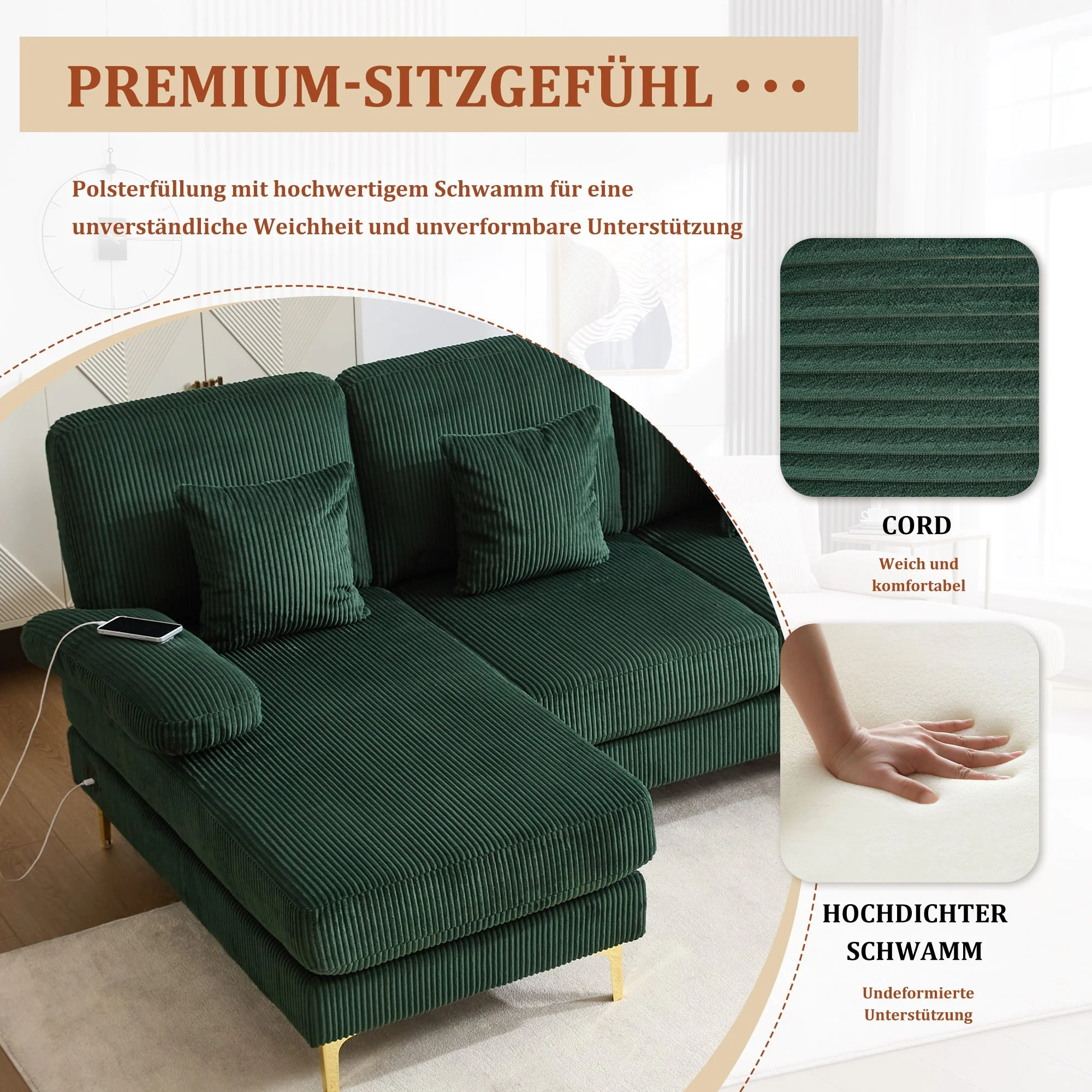 Sofa, U-Shaped with LED & USB-C, Dark Green - Image 5