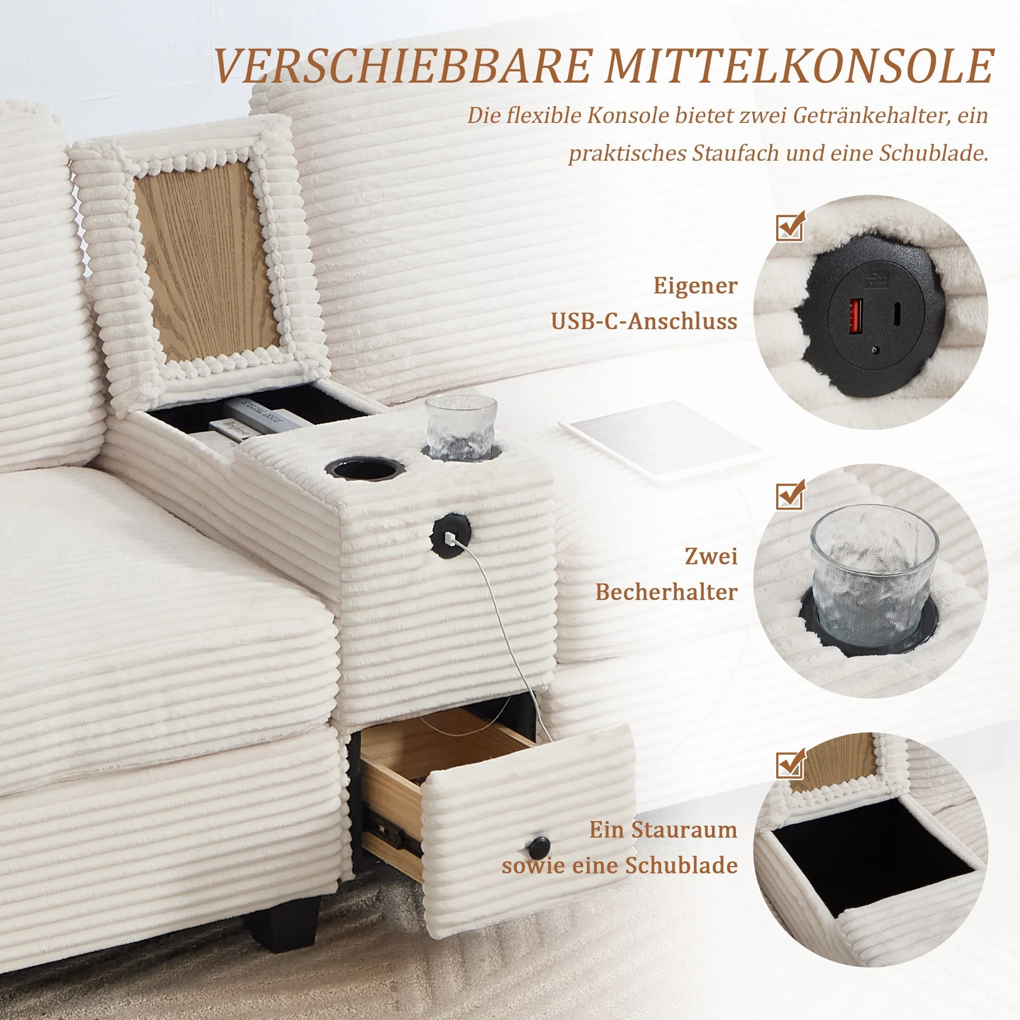 Sofa with Console, USB-C Port, Drawer & Movable Ottoman - Corduroy - Image 8