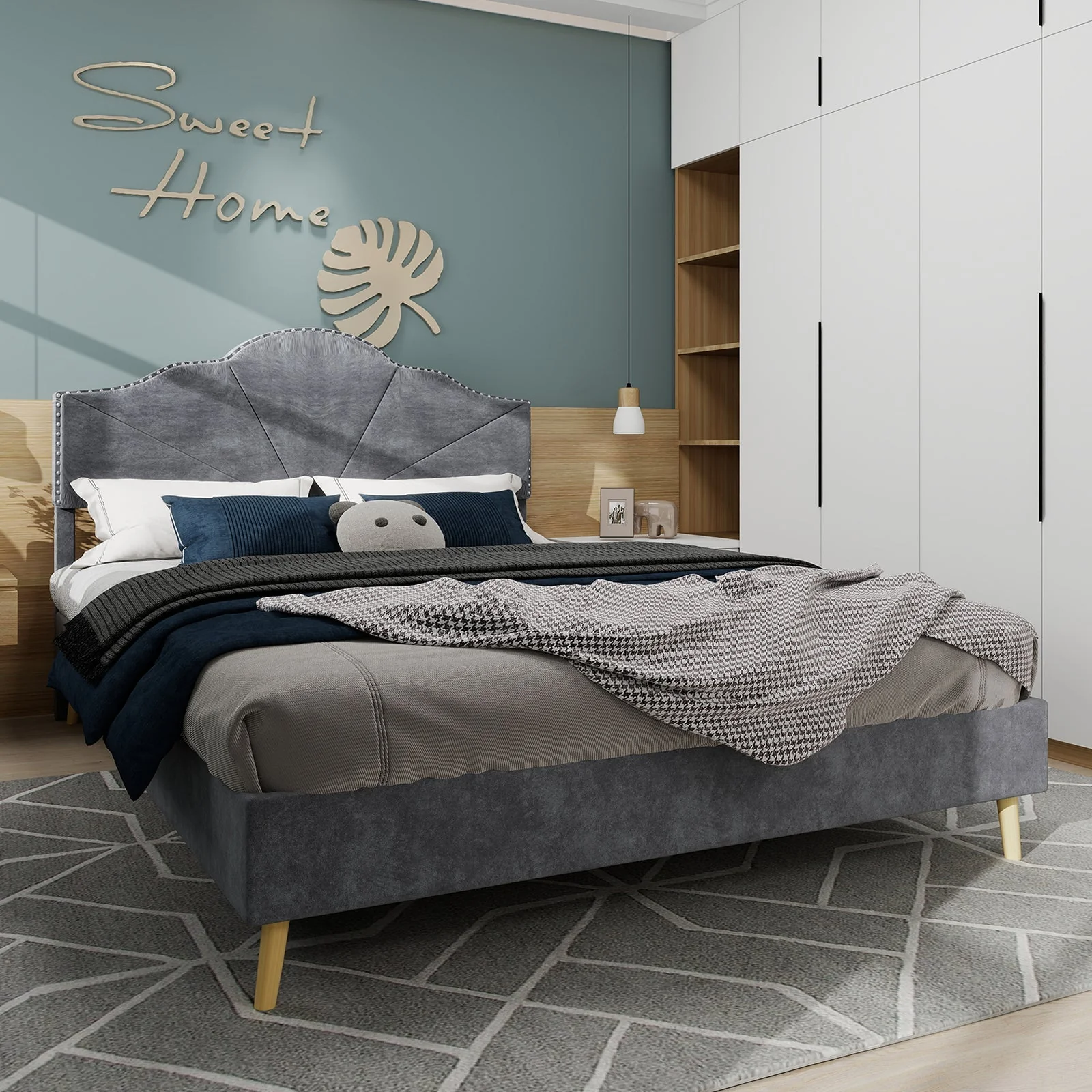 Soft Bed, Minimalist Headboard Multifunctional Low Box Frame, Gray - Image 4