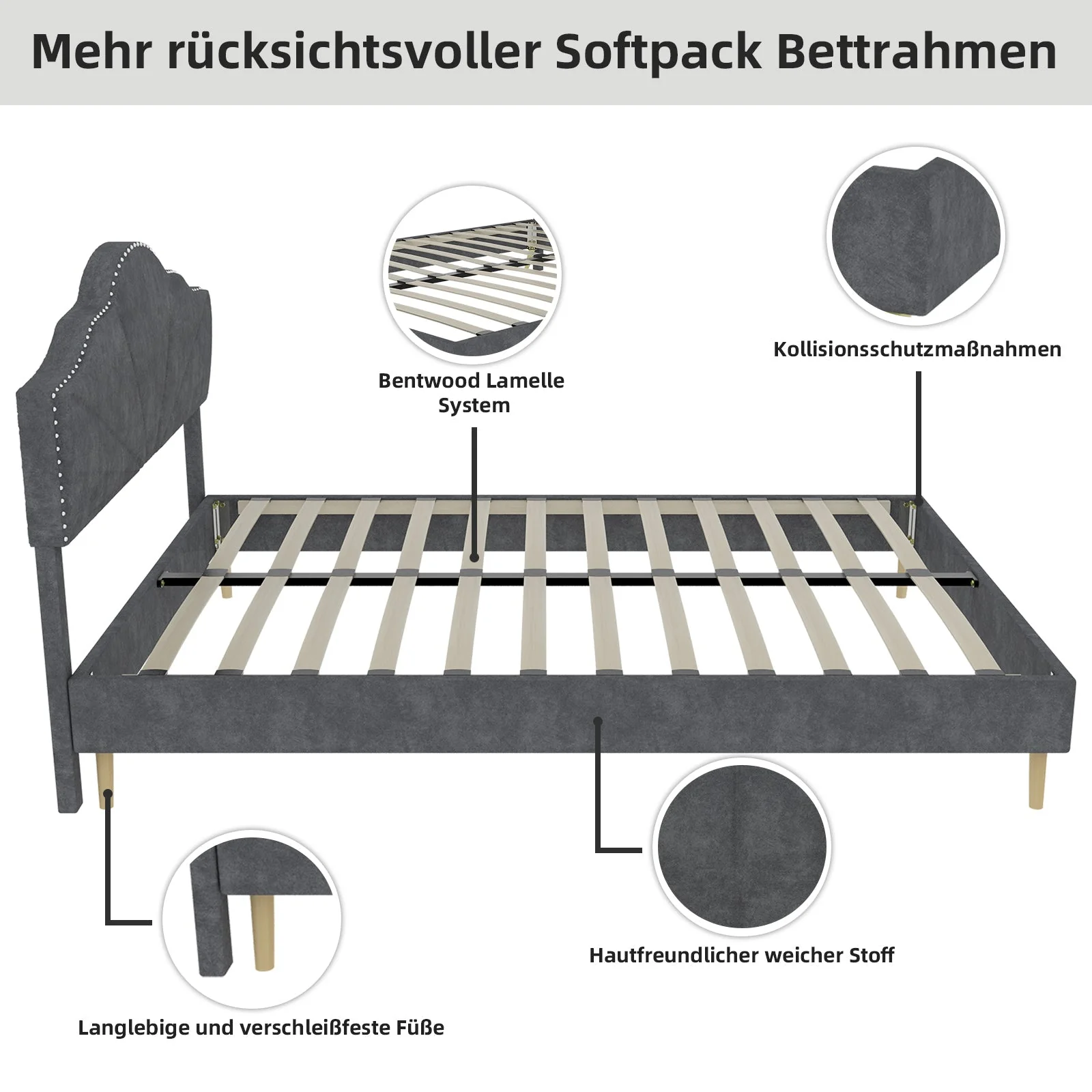 Soft Bed, Minimalist Headboard Multifunctional Low Box Frame, Gray - Image 6
