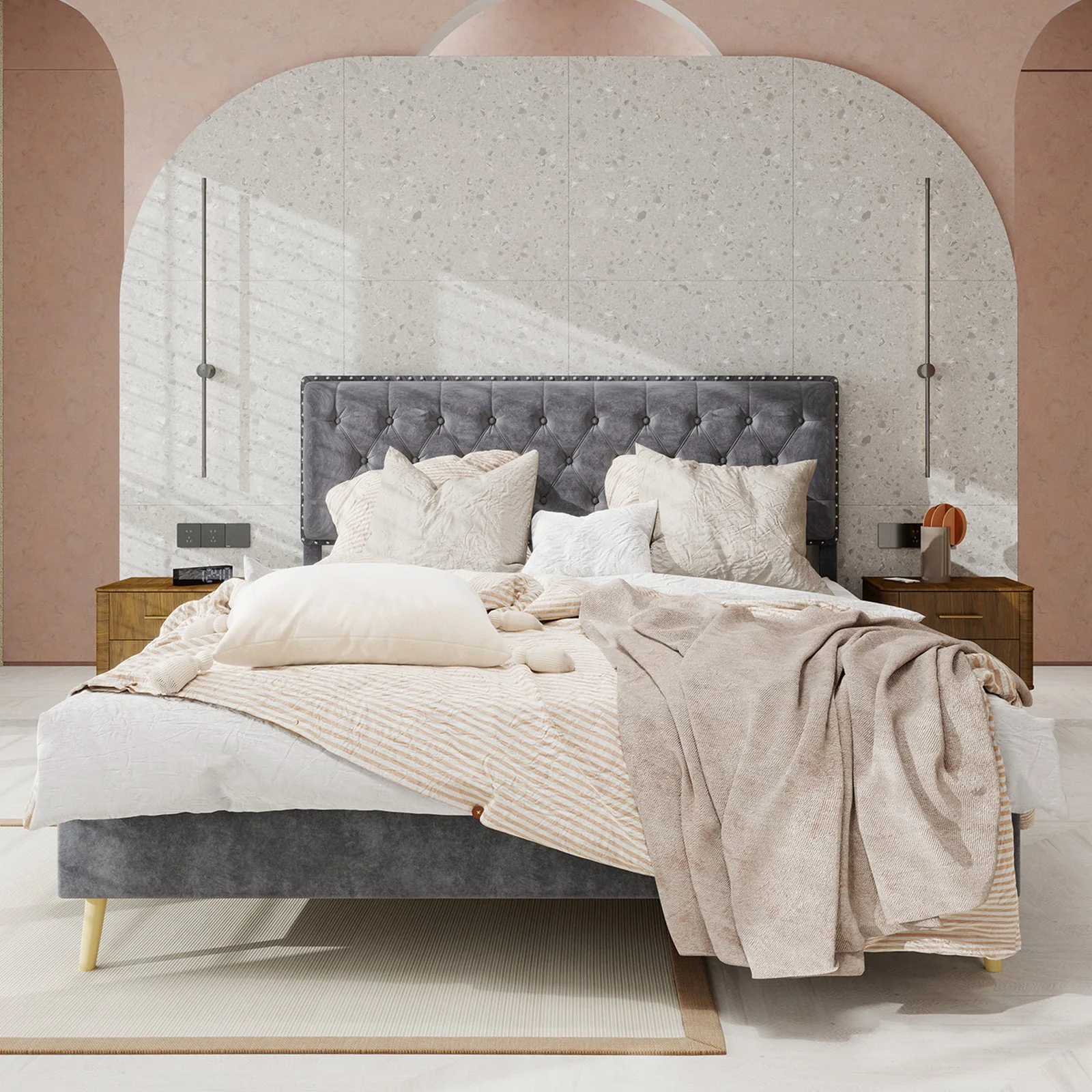 Soft Bed, Modern Minimalist Headboard 140x200CM, Gray - Image 4