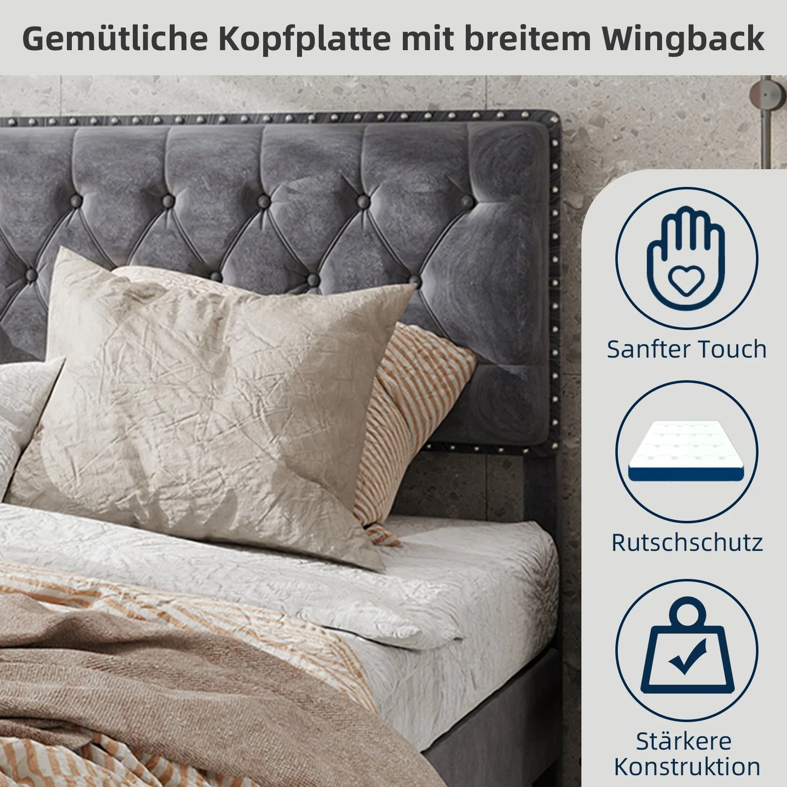 Soft Bed, Modern Minimalist Headboard 140x200CM, Gray - Image 5
