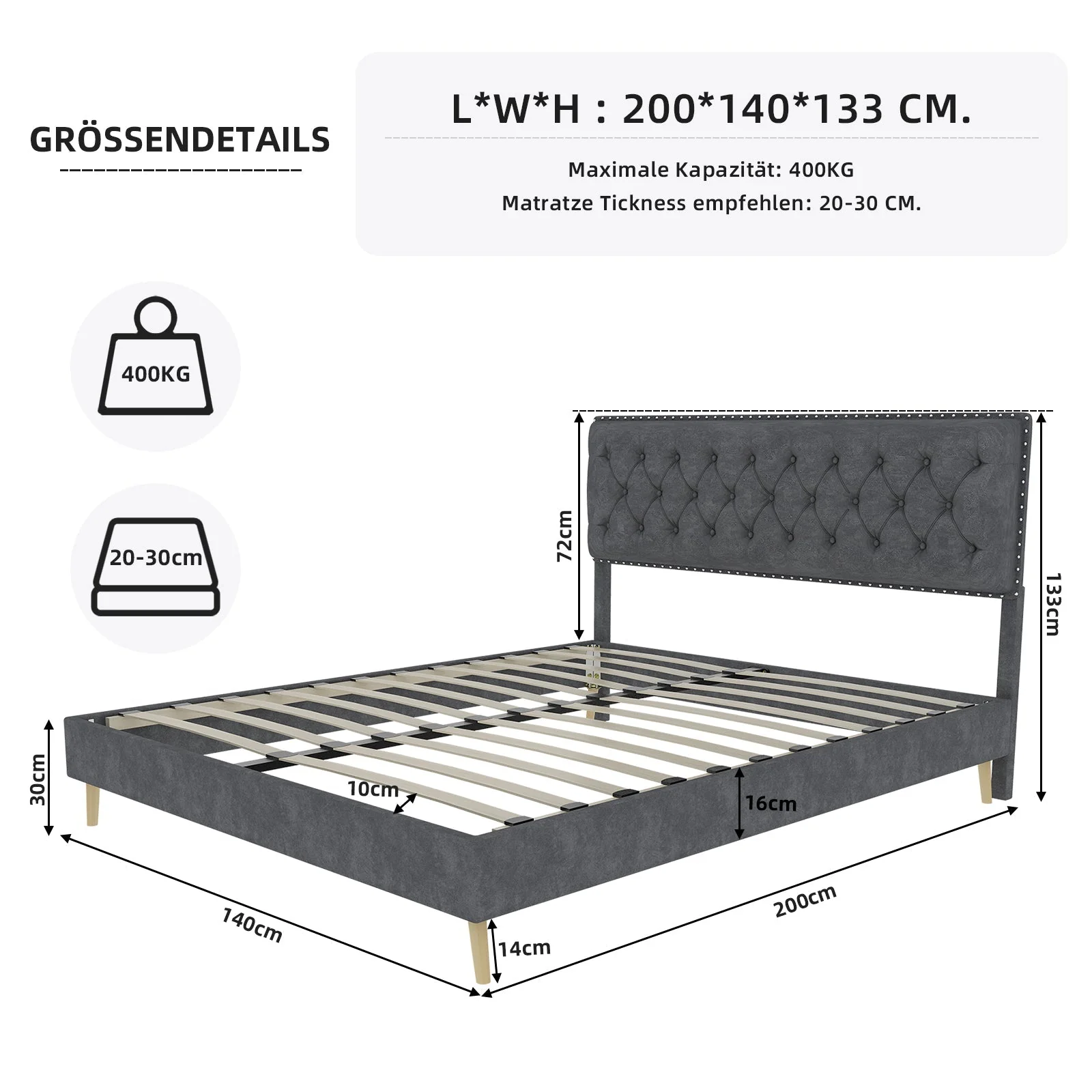 Soft Bed, Modern Minimalist Headboard 140x200CM, Gray - Image 8